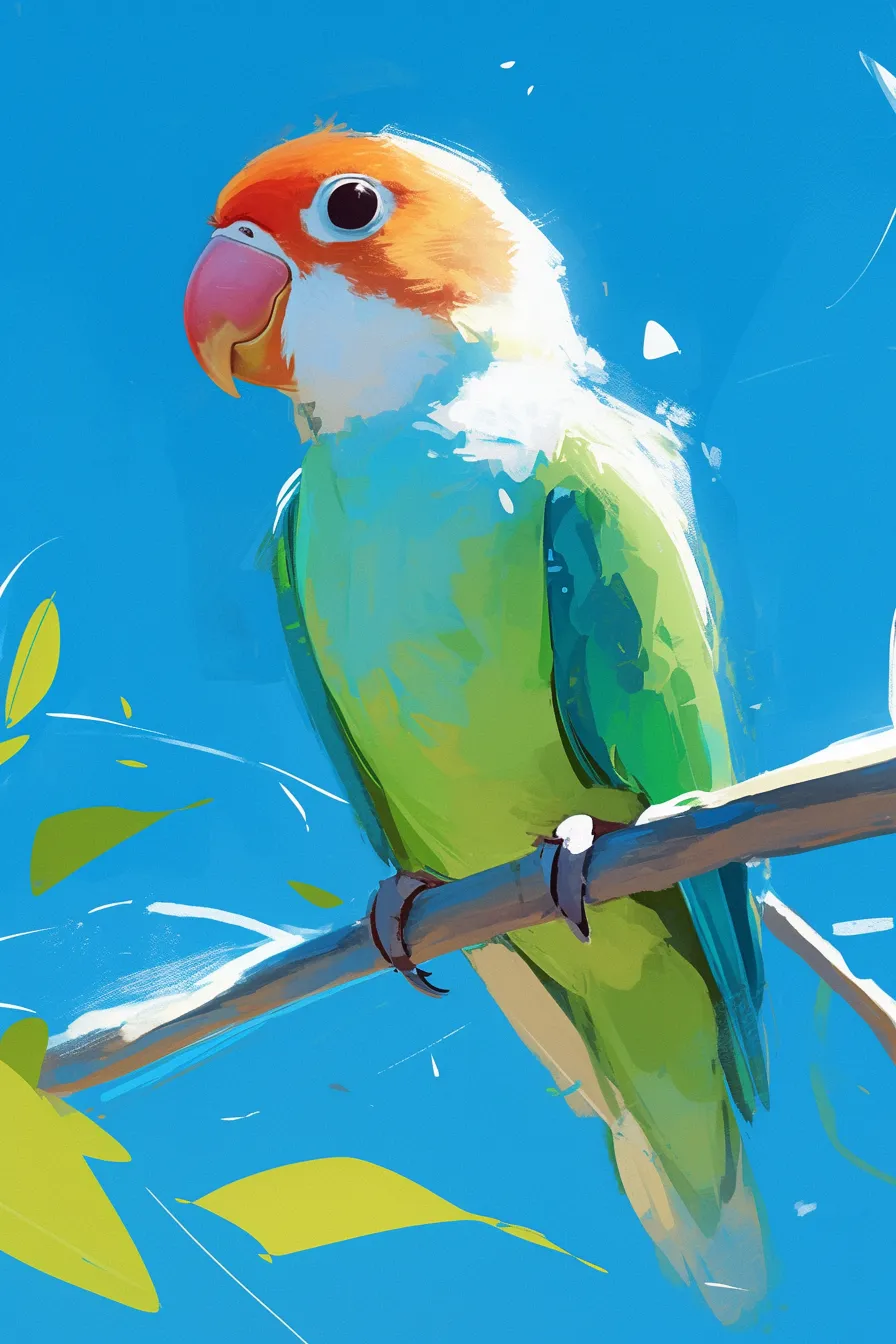 明るい背景に映えるインコの絵｜鮮やかな青空を背景に、赤と緑の対比が映えるインコが描かれています。ポップで印象的な画風は広告やデザイン素材として活用しやすいインコの絵です。