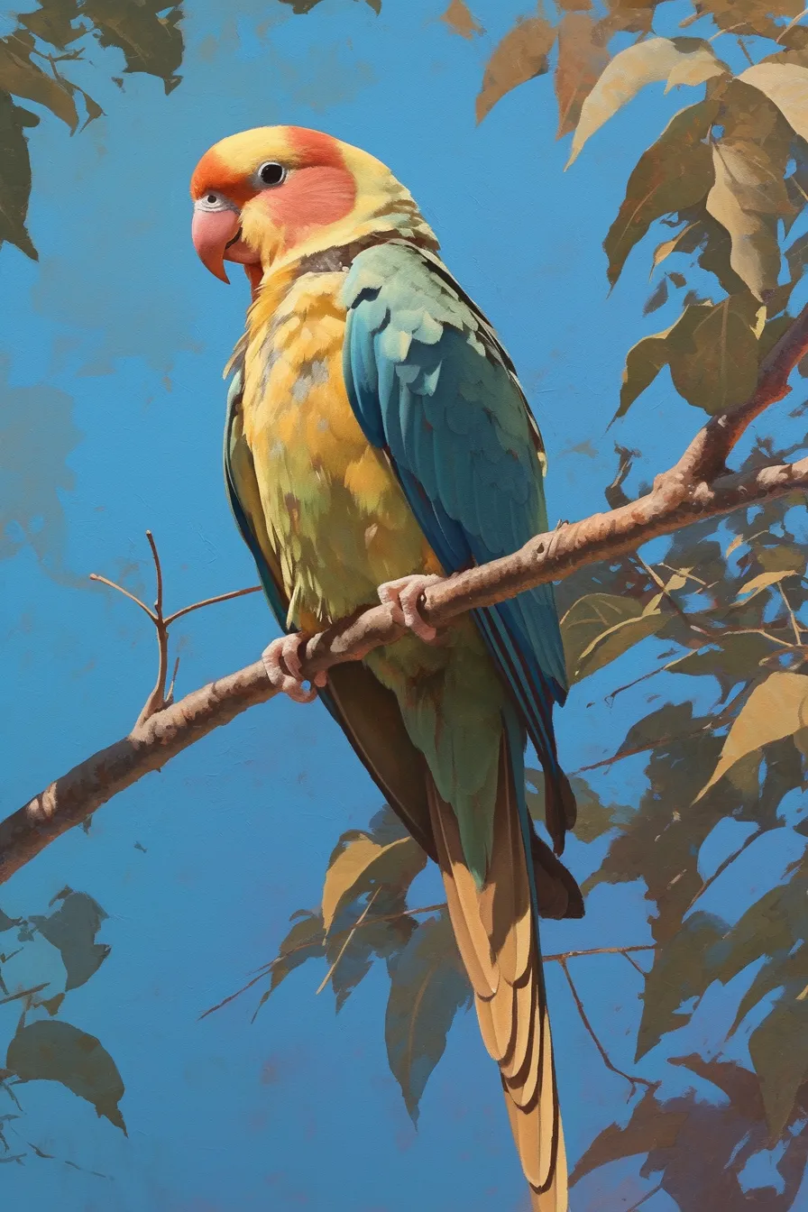 リアルな質感で描かれたインコの絵｜羽毛の質感や光の表現が細やかに描写され、写実的な魅力が引き立つインコの姿です。落ち着きのあるトーンが特徴で、ビジネス資料や教育用途に適したインコの絵です。
