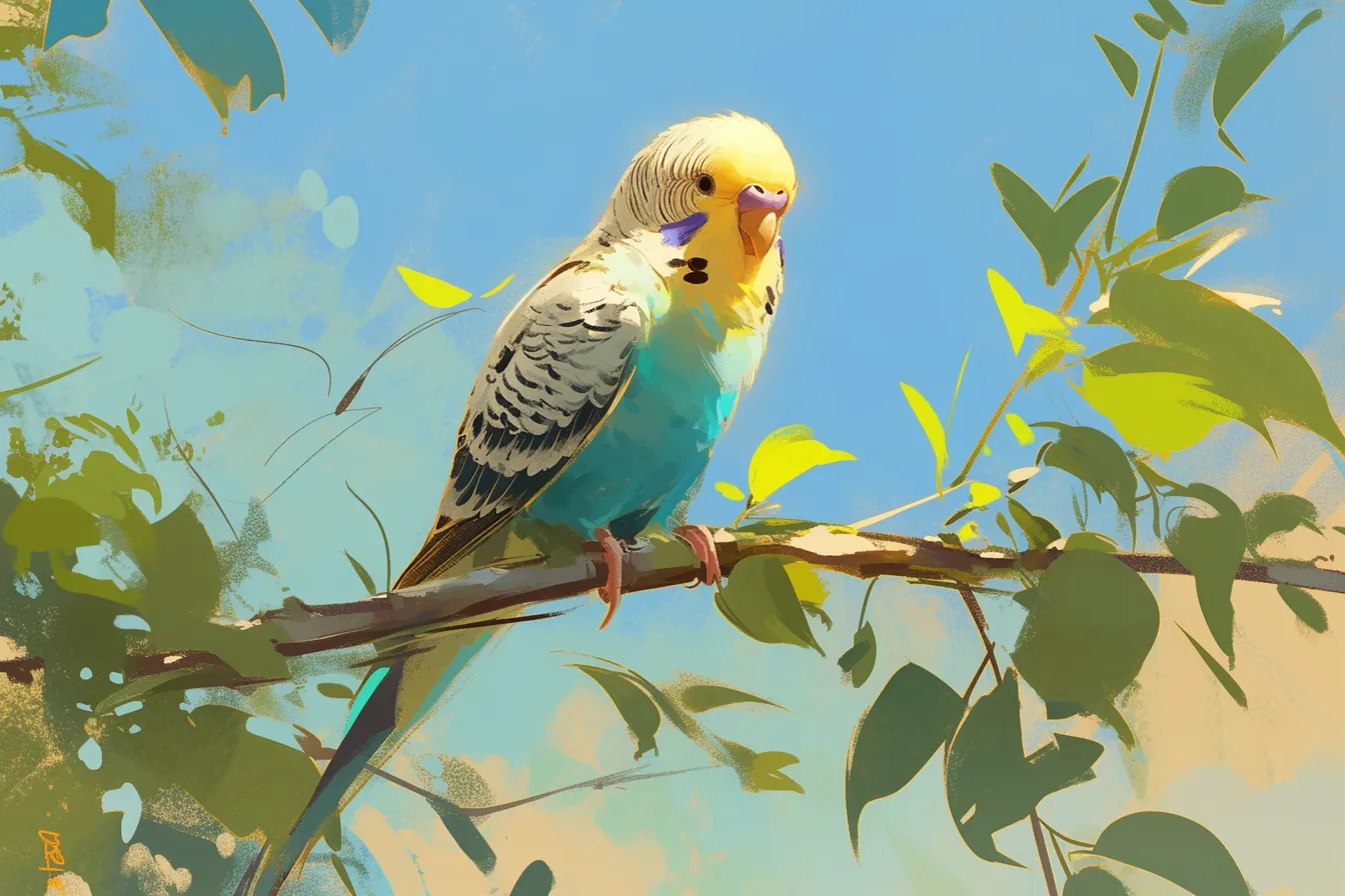 鮮やかな色合いのインコの絵｜緑と青を基調とした羽色が生き生きと表現され、明るい空との対比が美しい構図です。爽やかな印象を与え、自然関連の素材として活用可能なインコの絵です。