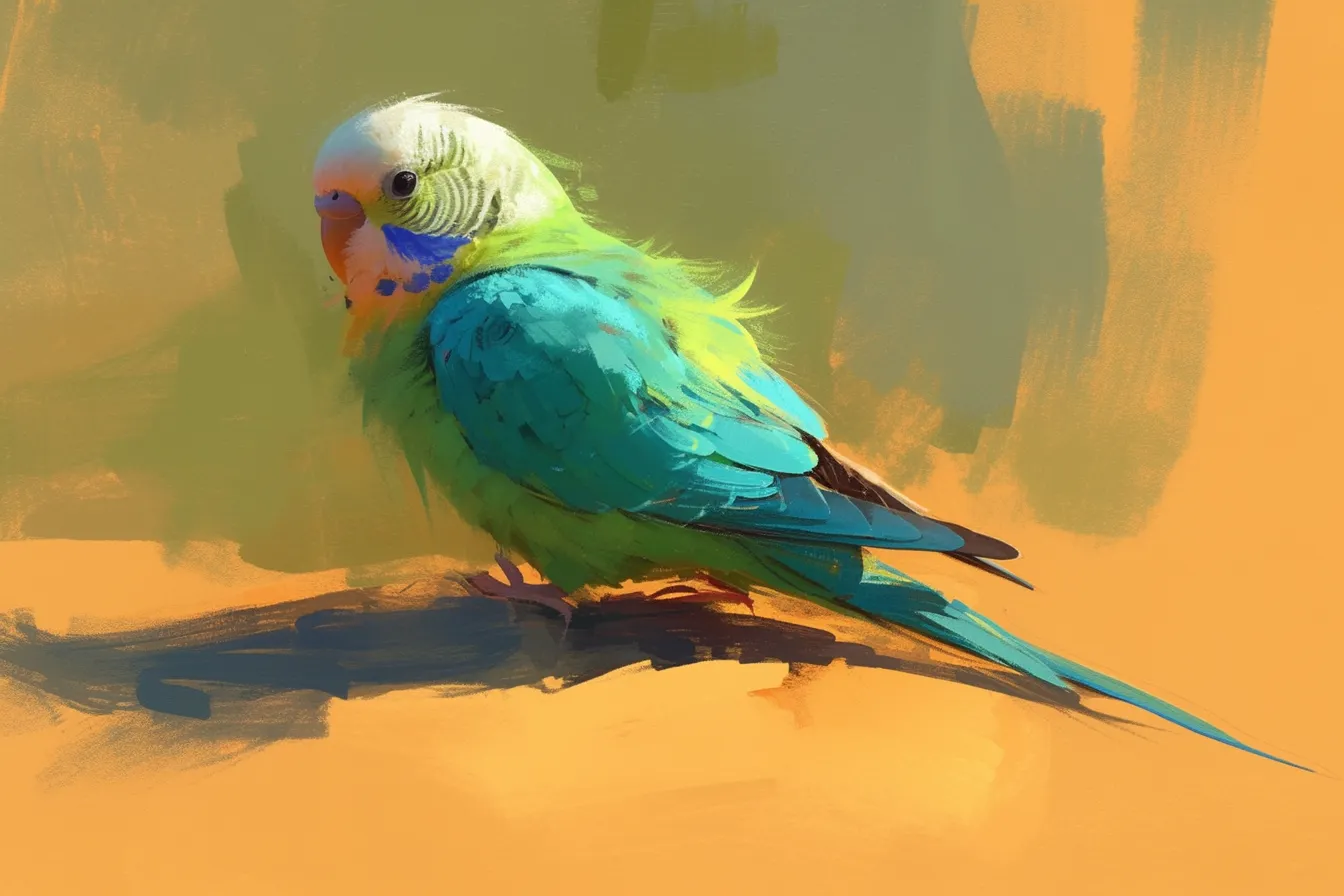 抽象的な背景のインコの絵｜オレンジと緑を背景に、青緑の羽を持つインコが強調される構図が特徴です。アート性を重視した仕上がりで、クリエイティブなデザインに活用できるインコの絵です。