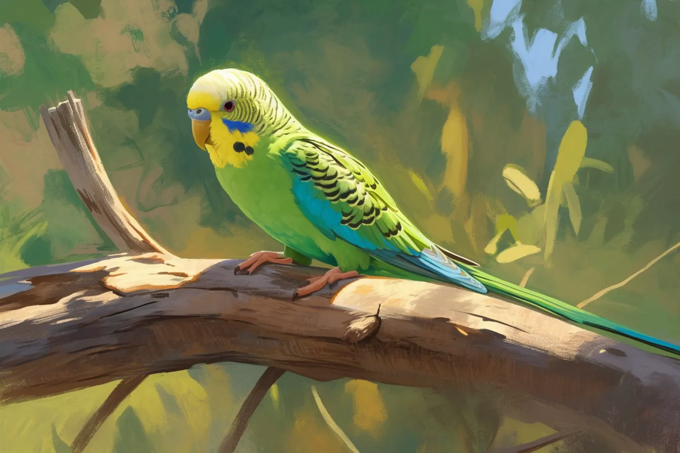 木の上でたたずむインコの絵｜鮮やかな緑と青を持つインコが木の枝にとまり、自然と一体化するように描かれています。柔らかな筆致と色彩が調和し、ナチュラルなビジネス素材に適したインコの絵です。
