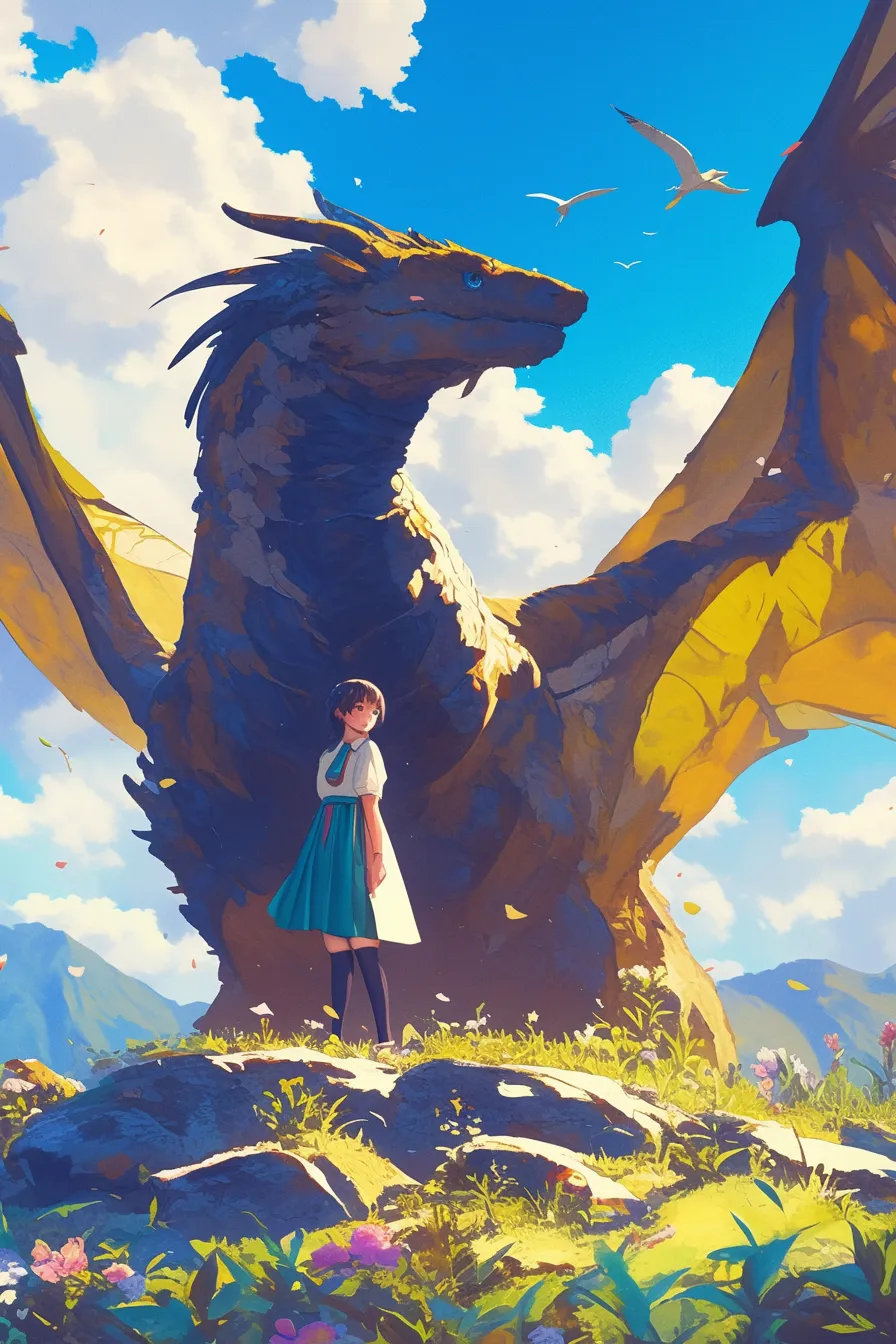 少女と大きなドラゴンの絵｜青空の下、少女と大きなドラゴンが並ぶ姿が幻想的に描かれています。物語性の強い構図が印象的で、広告や企画にインパクトを与えるビジネス素材として活用できるドラゴンの絵です。