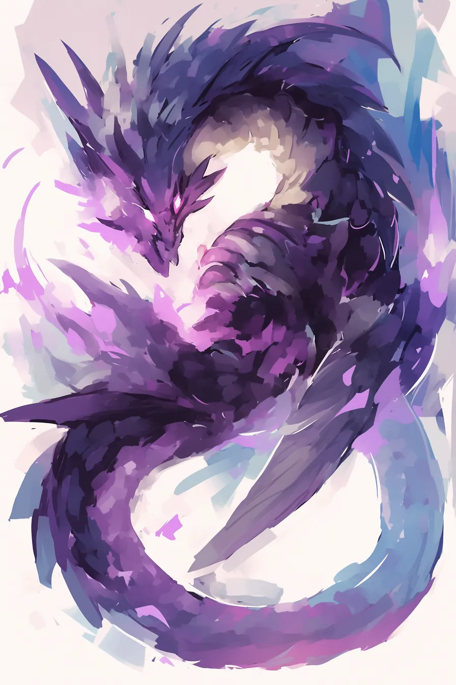 紫のオーラを纏うドラゴンの絵｜流れるような筆致で紫の光を纏ったドラゴンが躍動的に描かれています。抽象的で力強いデザインはクリエイティブな企画に映え、印象を残すドラゴンの絵です。