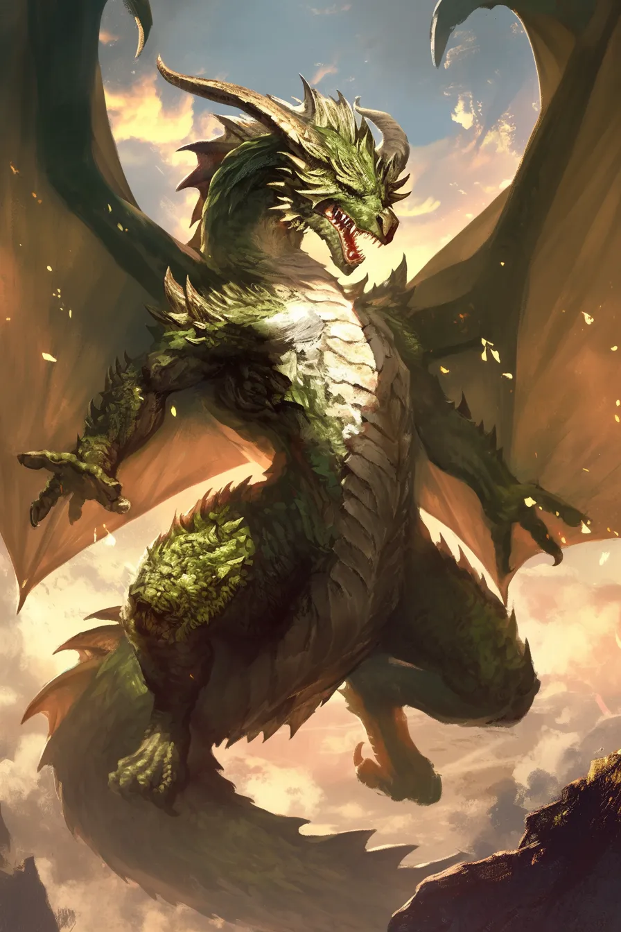 空を舞う緑のドラゴンの絵｜重厚なタッチで描かれた緑のドラゴンが空に舞い上がる構図です。迫力のある描写が特徴で、エンタメやファンタジー関連の資料に適したドラゴンの絵です。