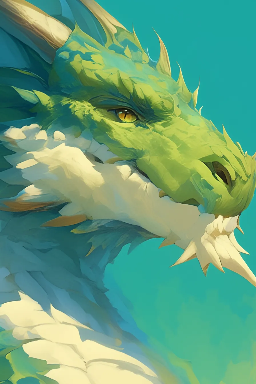 横顔を見せる青緑のドラゴンの絵｜鋭い眼差しを持つドラゴンの横顔がクローズアップで描かれています。シンプルながらも力強い表現が印象的で、ロゴや象徴的な素材として使えるドラゴンの絵です。