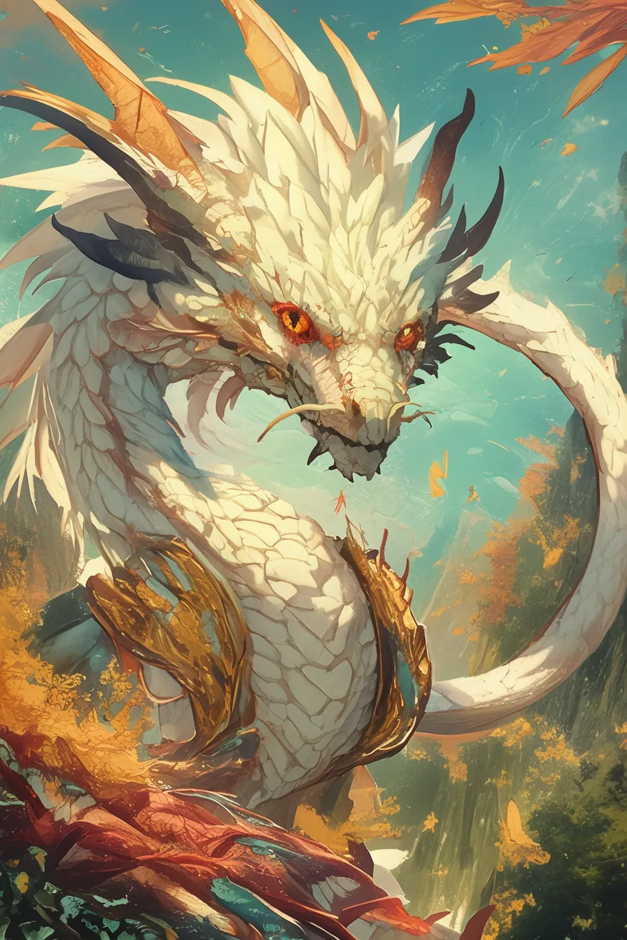 神秘的な白いドラゴンの絵｜白い鱗を持つドラゴンが荘厳に描かれ、幻想的な雰囲気を漂わせています。華やかさと神秘性を併せ持ち、デザイン素材や広告表現に適したドラゴンの絵です。