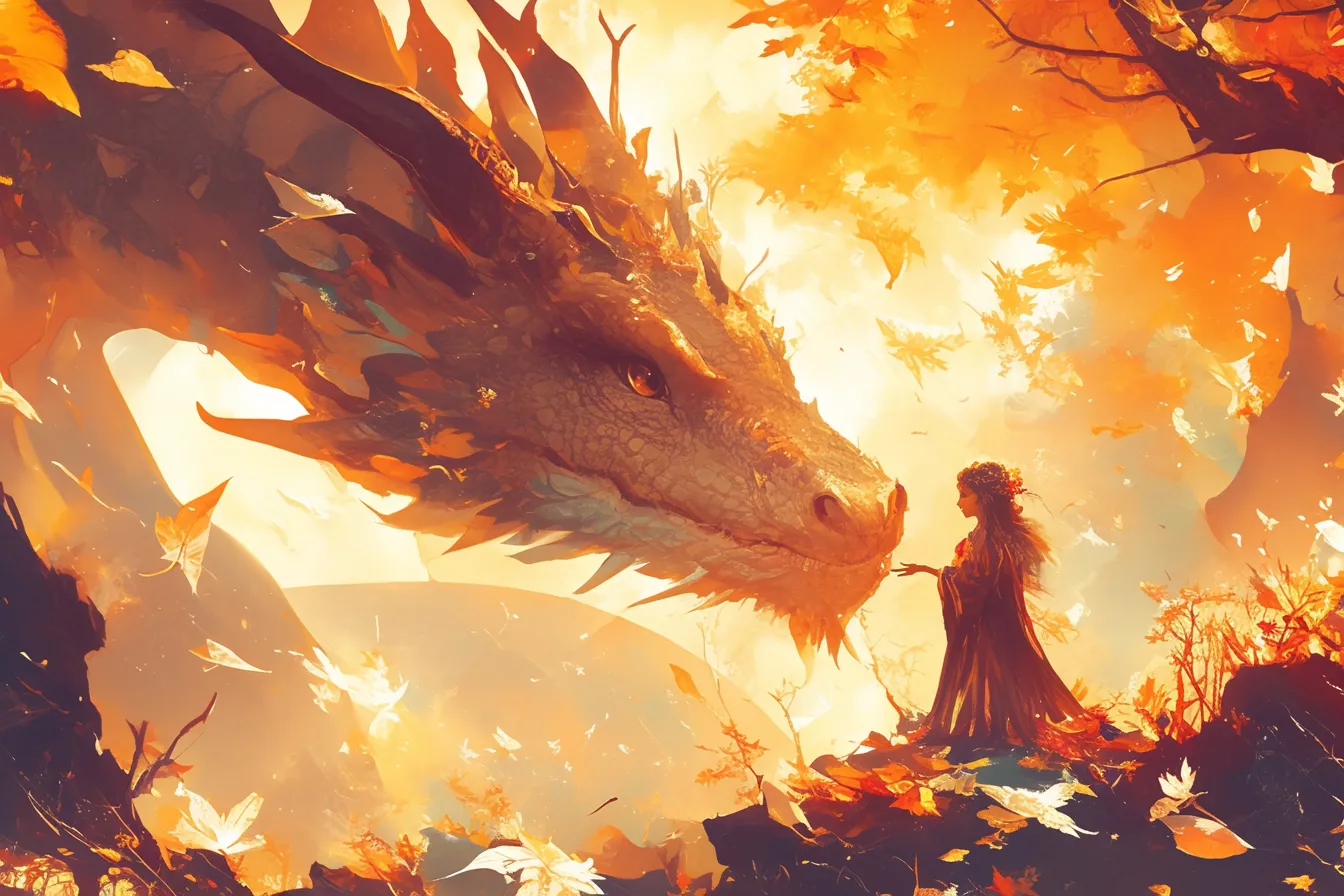 紅葉の森に佇むドラゴンの絵｜紅葉に包まれた森の中で女性と向き合うドラゴンが描かれています。温かい色調と物語性のある表現が、感情を引き出すビジネス素材として使えるドラゴンの絵です。