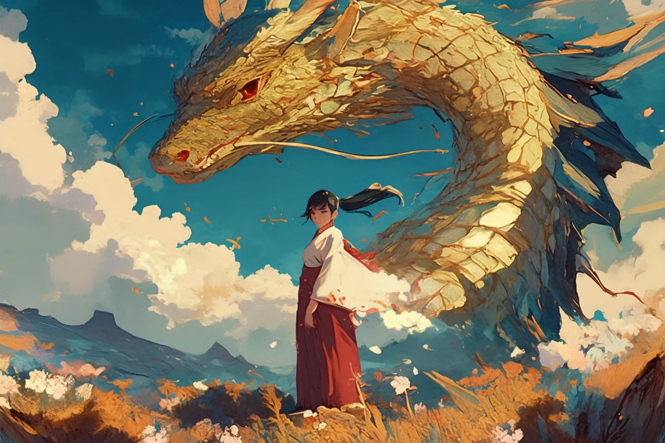 巫女と金色のドラゴンの絵｜伝統的な装いの巫女と金色のドラゴンが幻想的に描かれています。文化的な雰囲気と神秘性を兼ね備え、特別感のあるビジュアル素材に適したドラゴンの絵です。