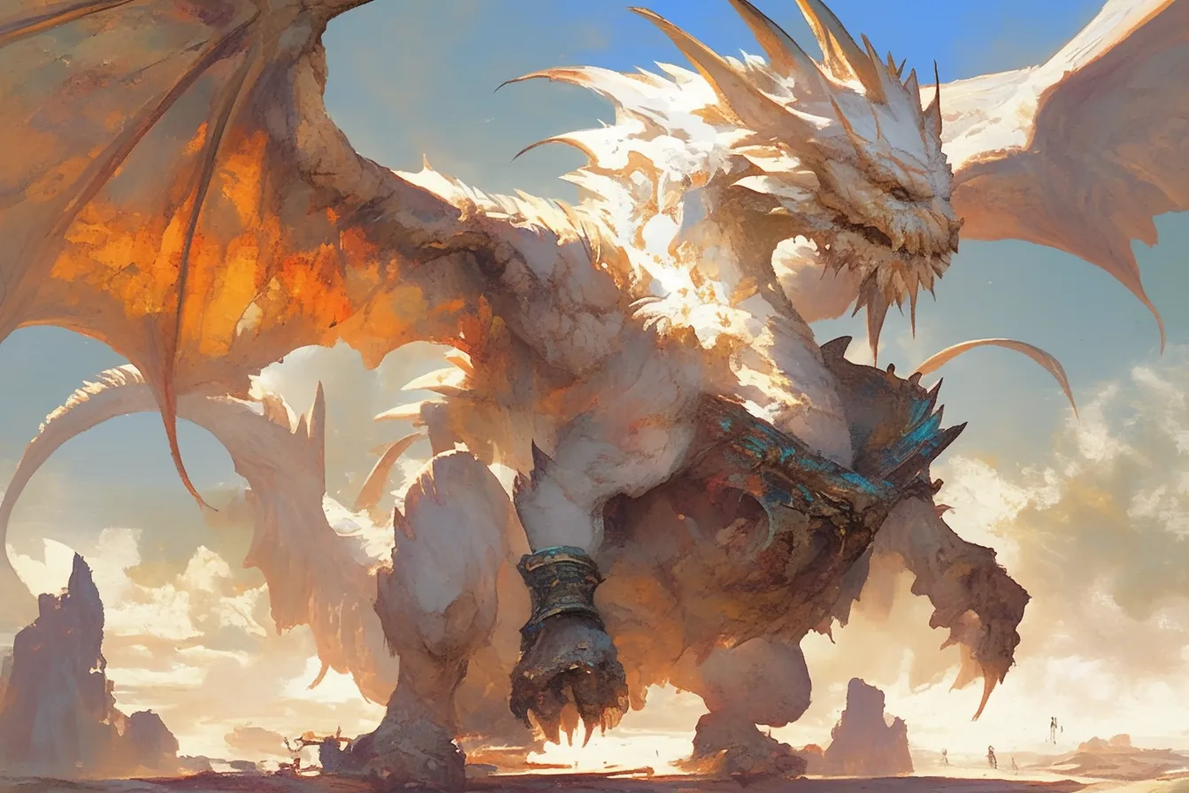 光を浴びる白いドラゴンの絵｜黄金色の光を受けて立つ白いドラゴンが力強く描かれています。迫力と荘厳さが融合した構図は、企画のメインビジュアルにふさわしいドラゴンの絵です。