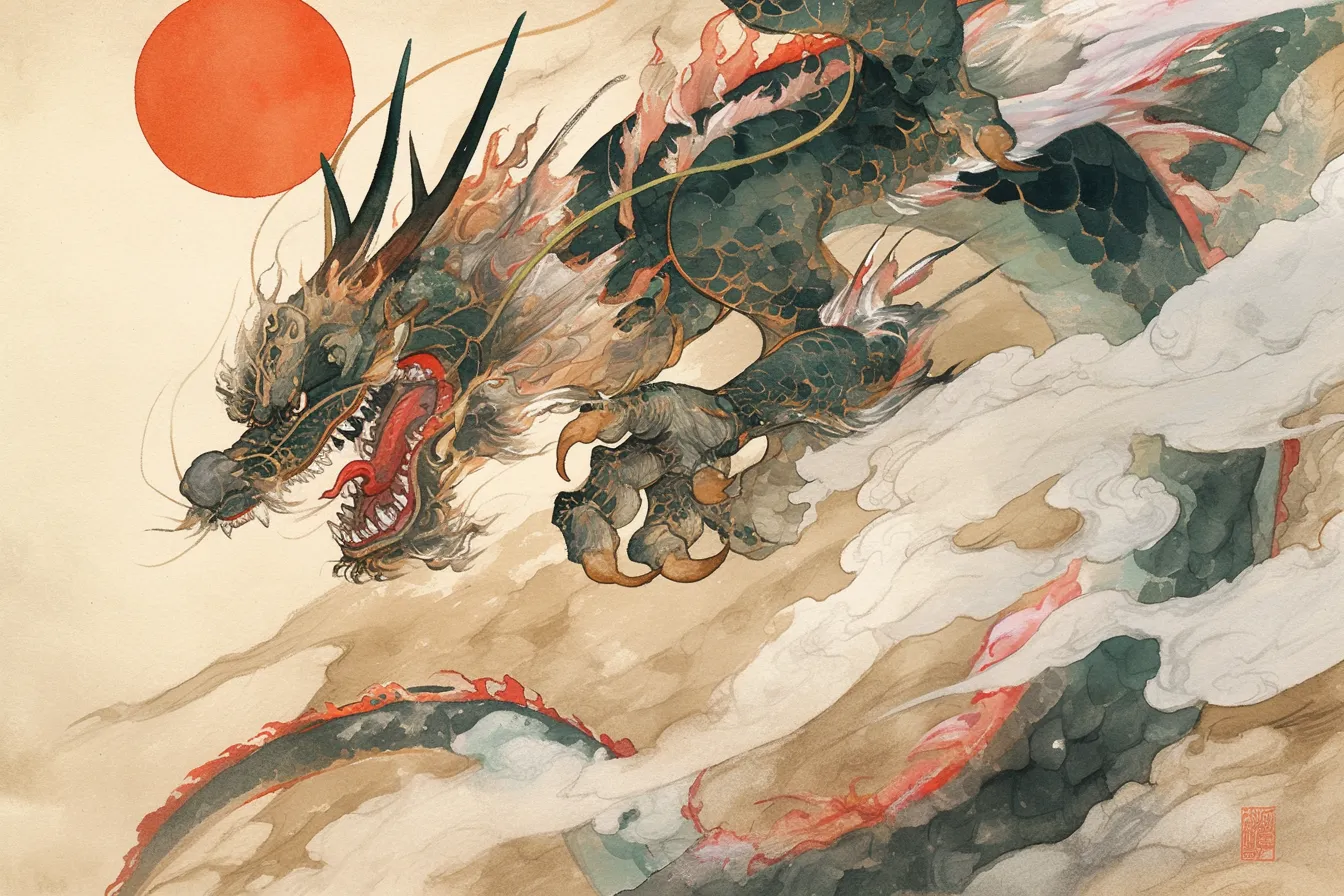 太陽と躍動する龍の絵｜赤い太陽を背に躍動する龍の絵は、力強さと神話的な雰囲気を強調しています。墨絵風のタッチが伝統性を演出し、文化イベントや企業のビジュアル資料に適したビジネス写真素材です。