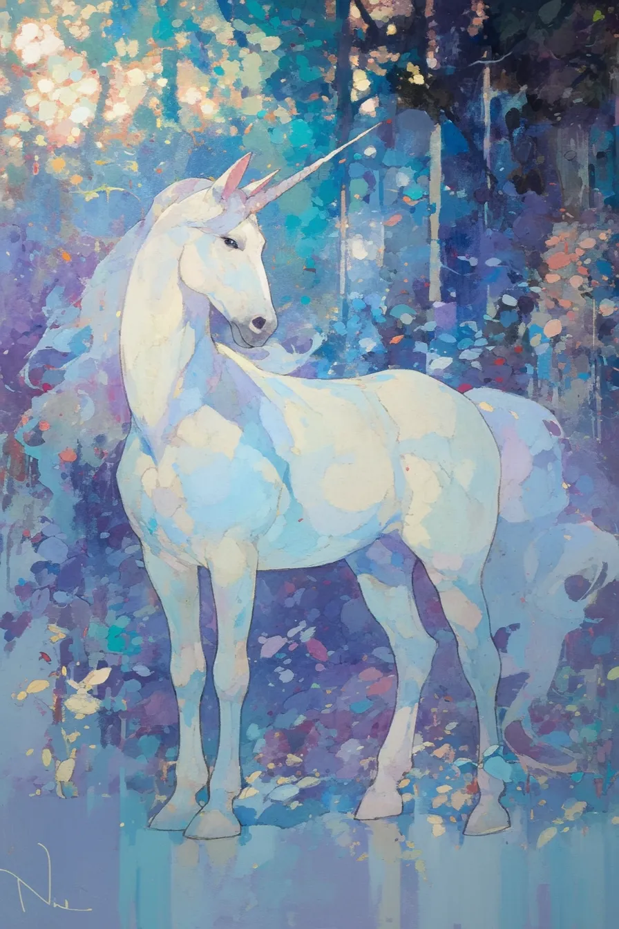 柔らかな色彩のユニコーンの絵｜水彩画のようなタッチで描かれたユニコーンの絵は、淡い色合いが調和し、穏やかで優美な印象を与えます。芸術性を重視した資料やパンフレットに適応しやすいビジネス写真素材です。