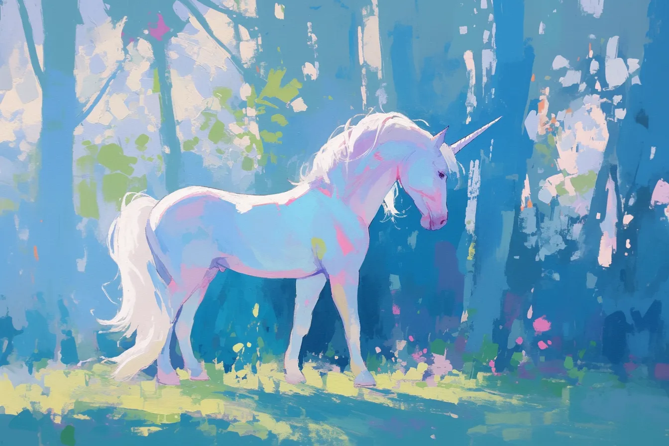 森の光に包まれるユニコーンの絵｜森の中で柔らかな光を浴びるユニコーンの絵は、シンプルながらも幻想的な雰囲気を感じさせます。プレゼン資料や広告ビジュアルで自然や神秘性を強調する用途に最適なビジネス写真素材です。