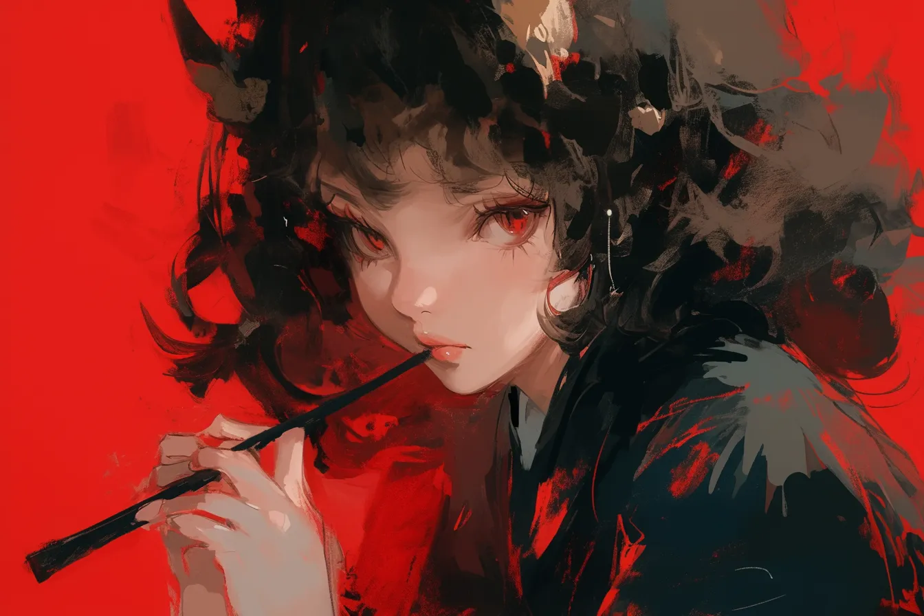 赤い背景の女性鬼の絵｜赤背景に黒髪の女性鬼を描いた鬼の絵は、スタイリッシュで現代的な雰囲気を持ちます。力強い視線が印象的で、広告や表紙に効果的なビジネス写真素材です。
