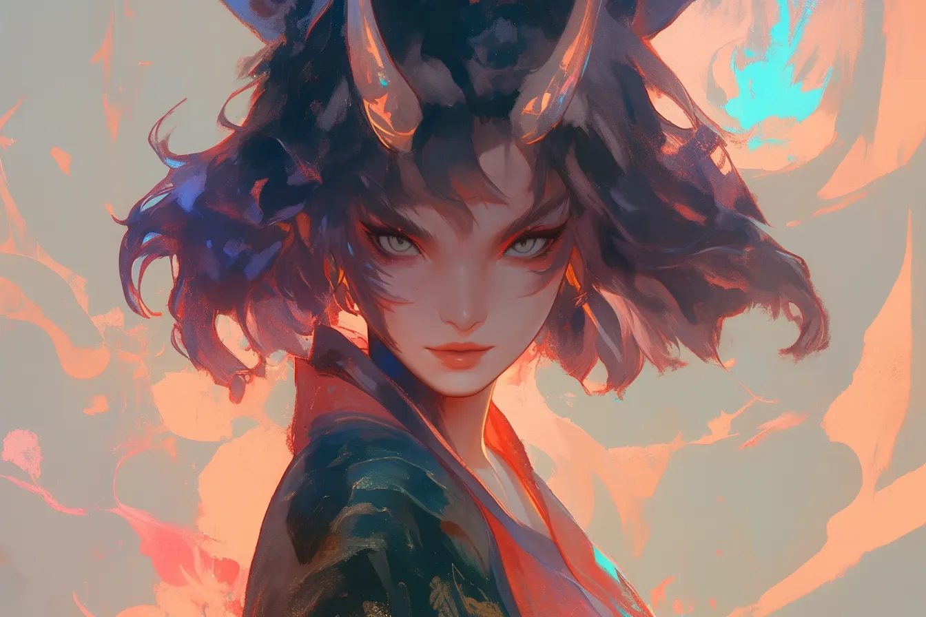 鋭い眼差しの鬼の絵｜炎の中で描かれた女性鬼の絵は、洗練された画風と鮮烈な眼差しが魅力です。情熱的な印象を与え、ビジュアル演出に活用できるビジネス写真素材です。