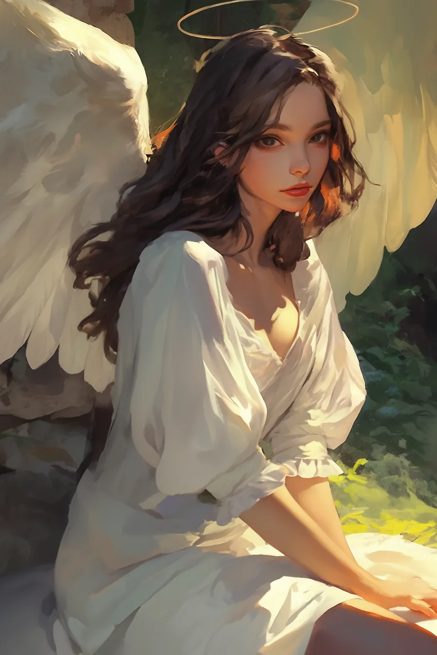 光をまとう天使の女神の絵｜柔らかな光を浴びる天使の女神の絵は、透明感あるタッチで神聖さを際立たせています。ブランドや広告の象徴的ビジュアルに適したビジネス写真素材です。