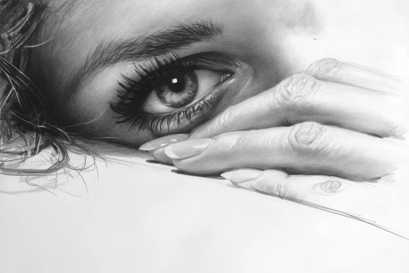 女性の目元アップの鉛筆の絵｜リアルで印象的に描かれた目元の鉛筆の絵です。緻密なディテールが強調され、ビューティーや広告デザインに活かせるインパクトのあるビジュアル素材です。