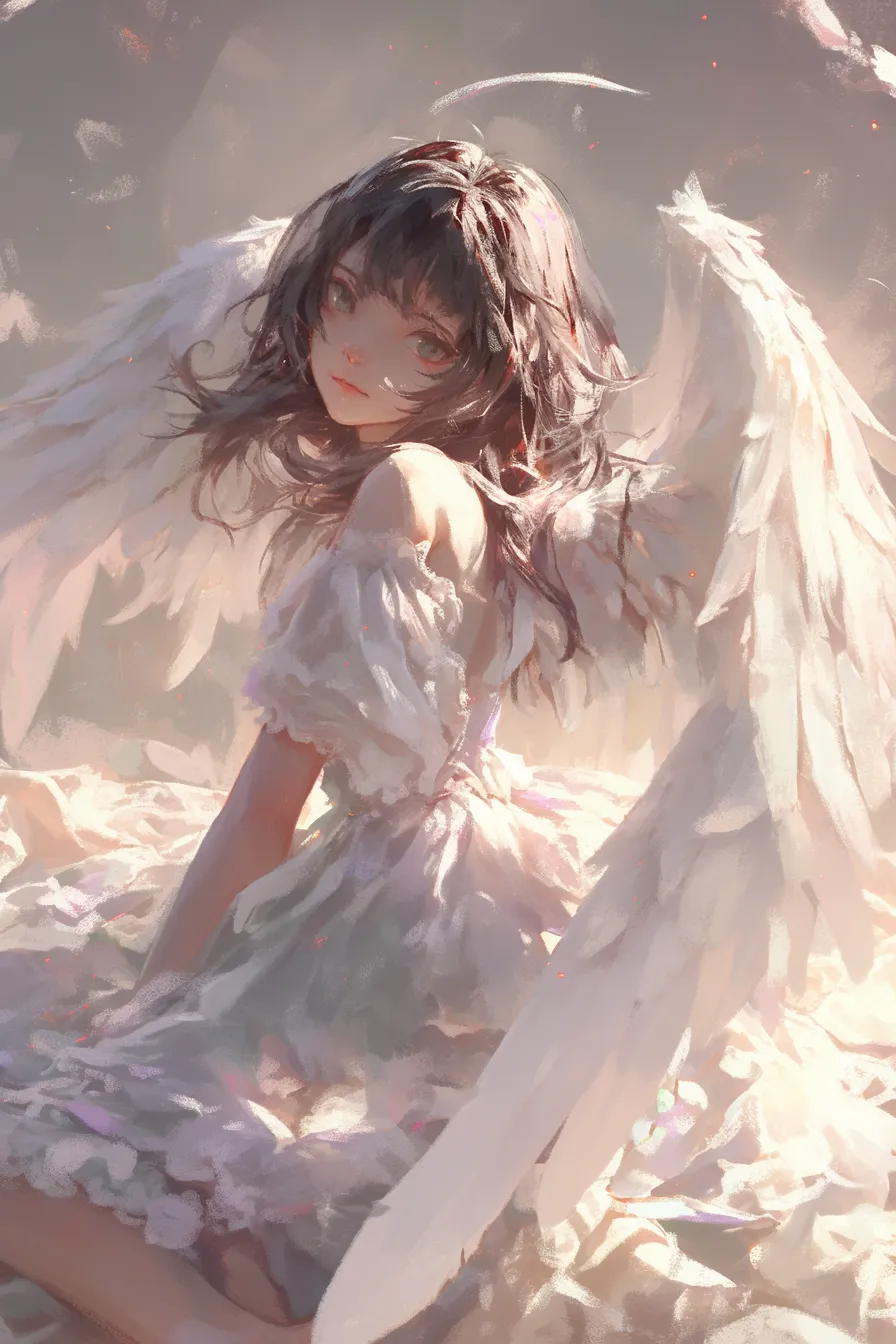 羽根に包まれる女神の絵｜繊細な羽根と優雅な姿が印象的な女神の絵は、夢幻的な色彩表現で魅力を高めています。ファンタジーや高級志向のビジュアルに効果的なビジネス写真素材です。