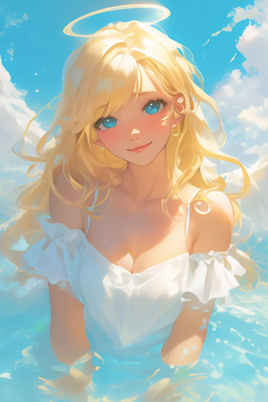 青空に映える女神の絵｜澄んだ青空を背景に描かれた女神の絵は、爽やかで親しみやすい雰囲気が魅力です。広告や広報素材で明るいイメージを演出するビジネス写真素材に最適です。