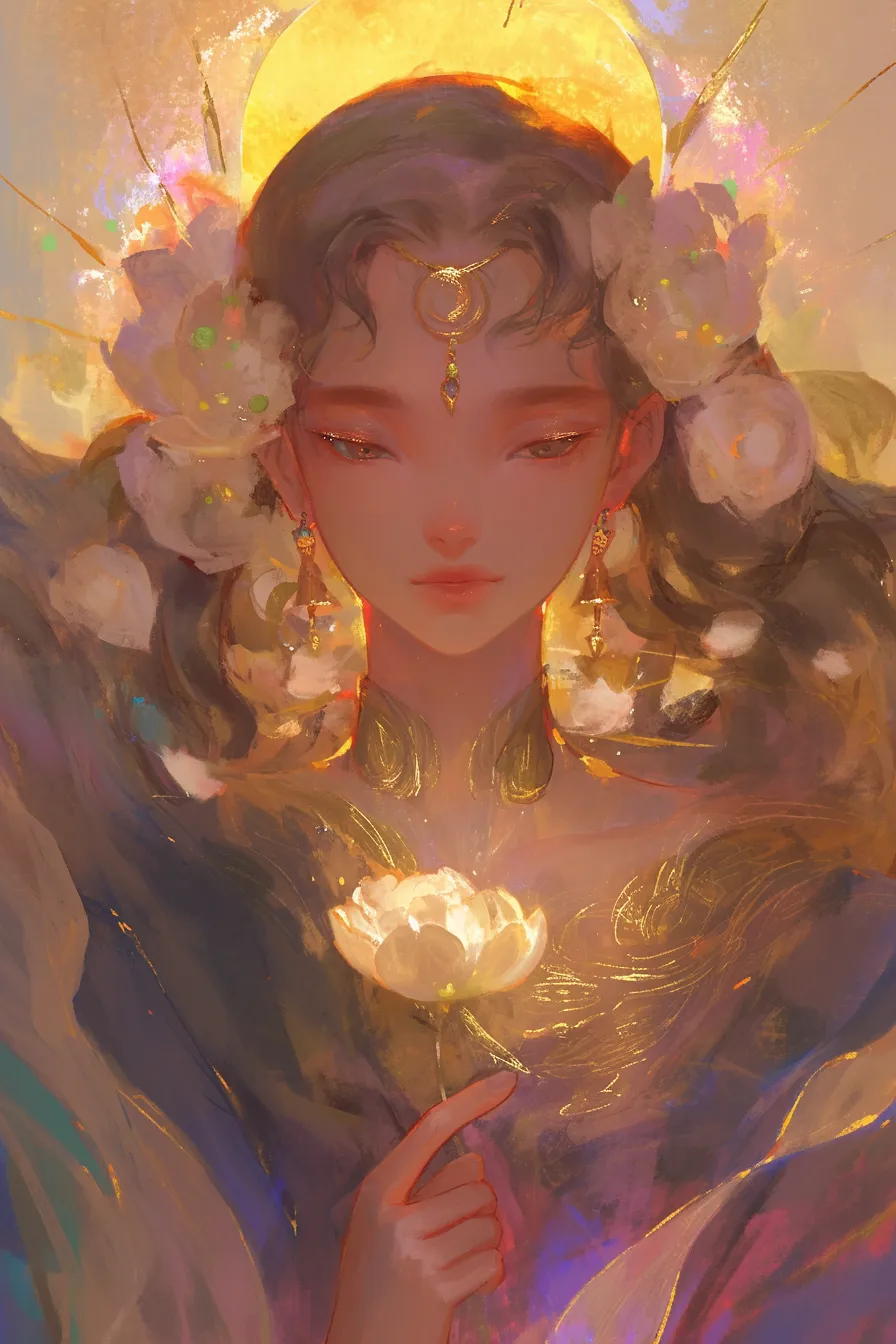 黄金に包まれた女神の絵｜黄金の光を背景にした女神の絵は、豪華さと神秘性を兼ね備えています。芸術性を強調し、ブランド価値を高めるビジネス写真素材として活用可能です。