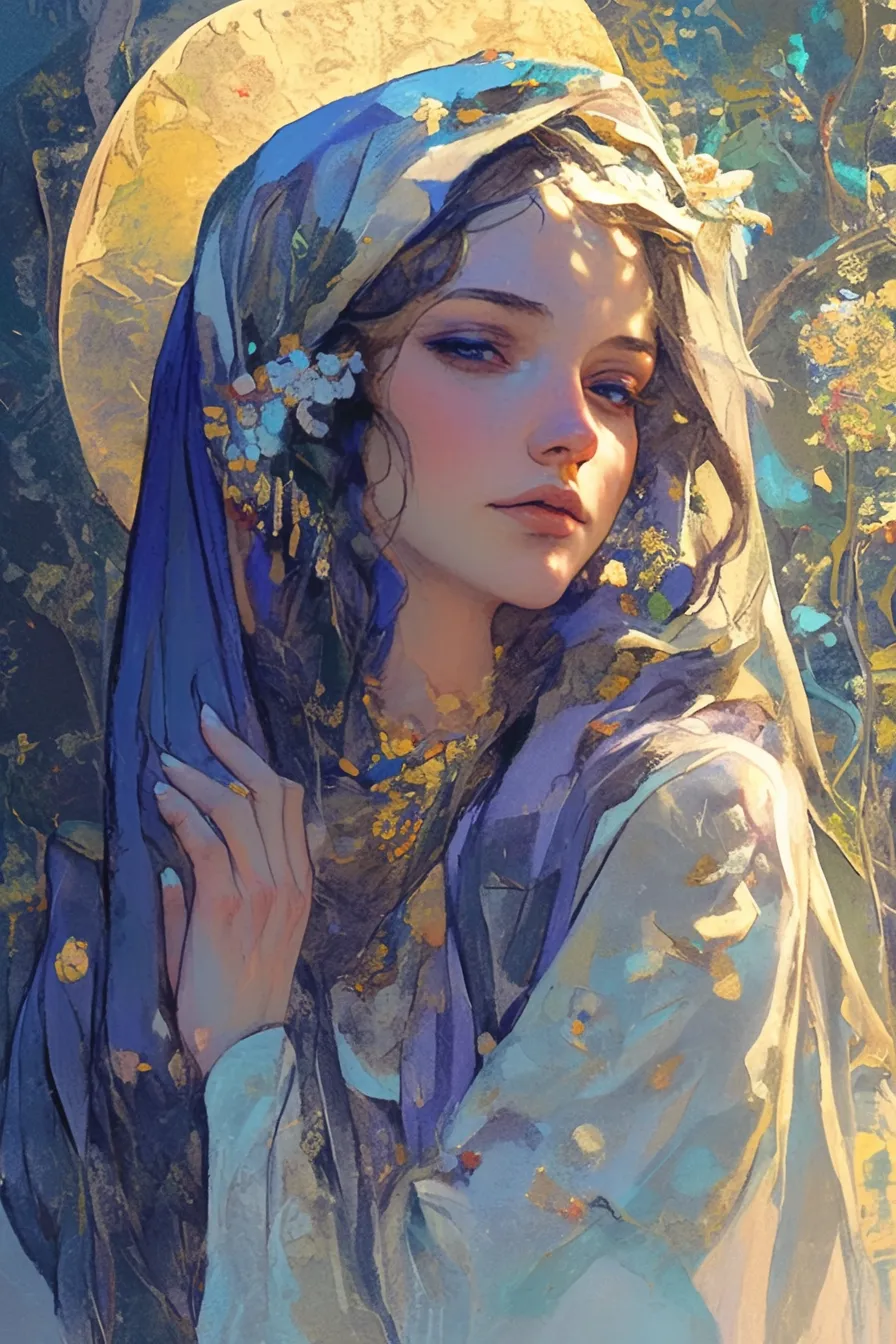 花とともにある女神の絵｜花々と調和する女神の絵は、華やかで優雅な雰囲気を醸し出しています。エレガントな印象を与え、雑誌や広告に適したビジネス写真素材です。