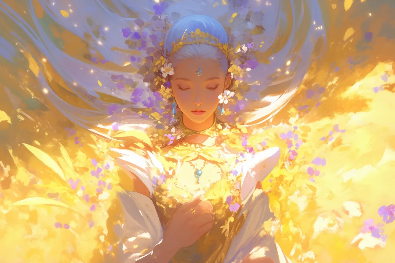 花畑に眠る女神の絵｜花畑に横たわる女神の絵は、静謐で幻想的な印象を与えます。癒しや神秘性を演出するビジュアルに適応するビジネス写真素材です。
