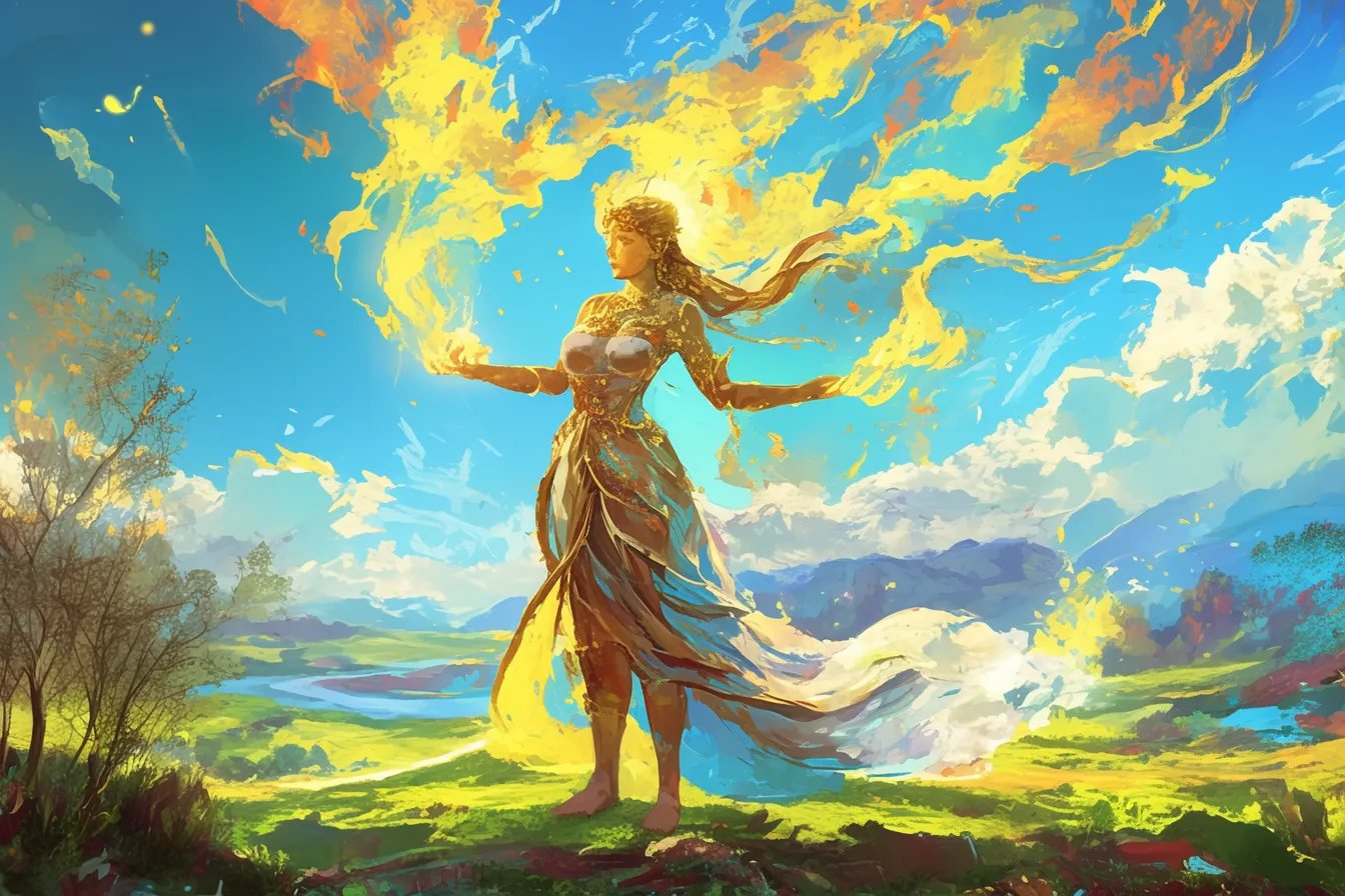 大地に立つ女神の絵｜大地と空を背景に力強く描かれた女神の絵は、躍動感と自然との調和を感じさせます。環境やエネルギー関連のプロモーションに適したビジネス写真素材です。
