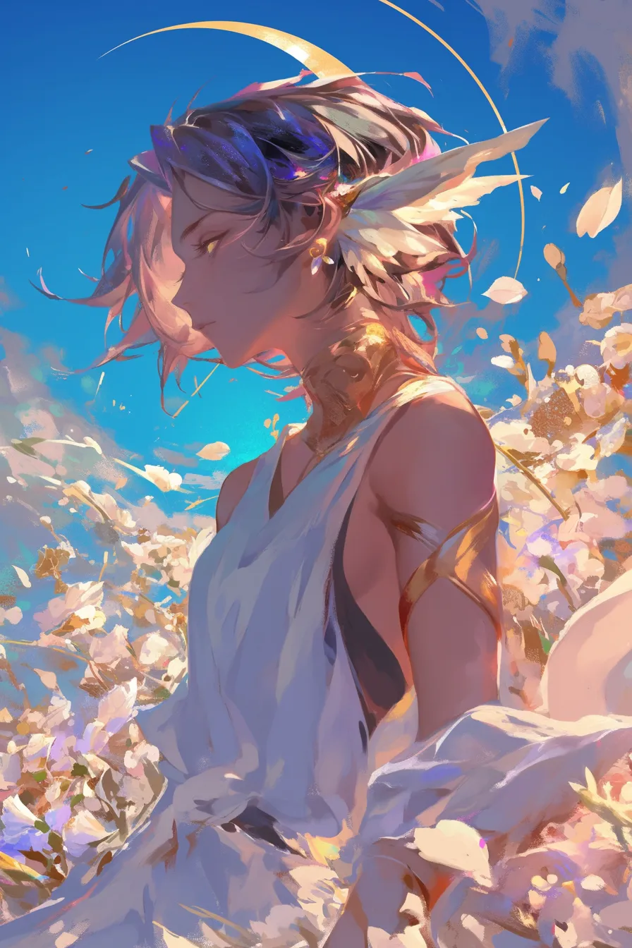 花と光に包まれる天使の絵｜青空と花々を背景にした天使の絵は、柔らかな筆致と鮮やかな色彩で清廉さを表現しています。広告やブランドの爽やかなイメージ作りに活用できるビジネス写真素材です。