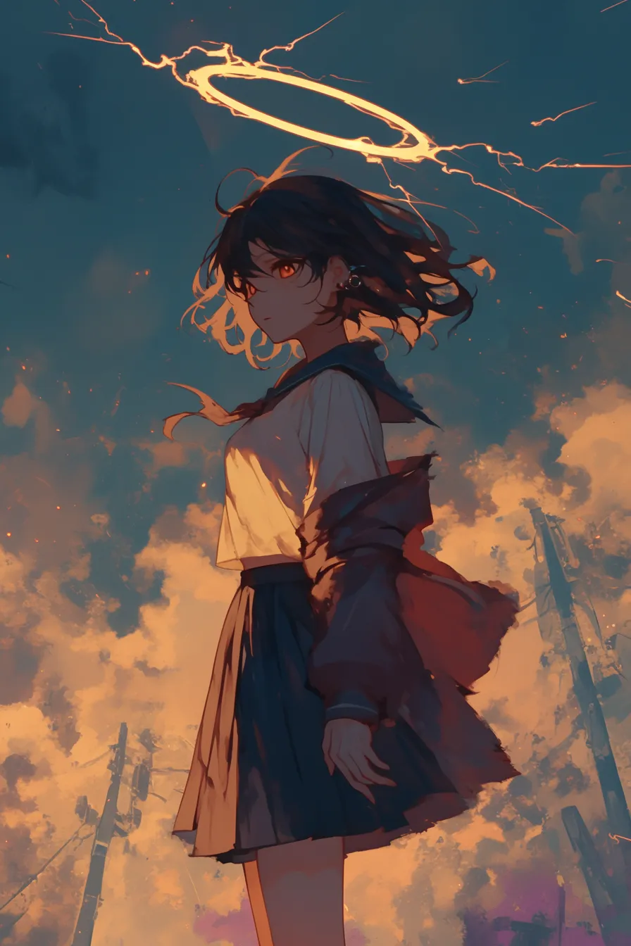 黄昏の街に立つ天使の絵｜夕焼け空と街並みを背景に描かれた天使の絵は、ドラマチックな構図が特徴です。物語性を強調する演出に適し、ポスターやキャンペーンに向いたビジネス写真素材です。