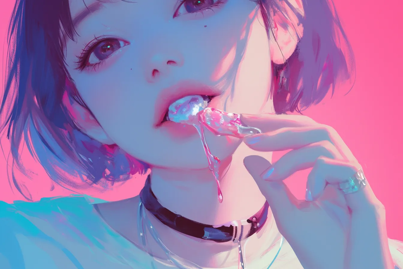 ポップで可愛いスタイルの口の絵｜ピンクを基調とした色合いで、ポップに仕上げられた口の絵です。現代的で軽快な雰囲気を持ち、SNS広告やファッション系ビジュアルに活用できます。