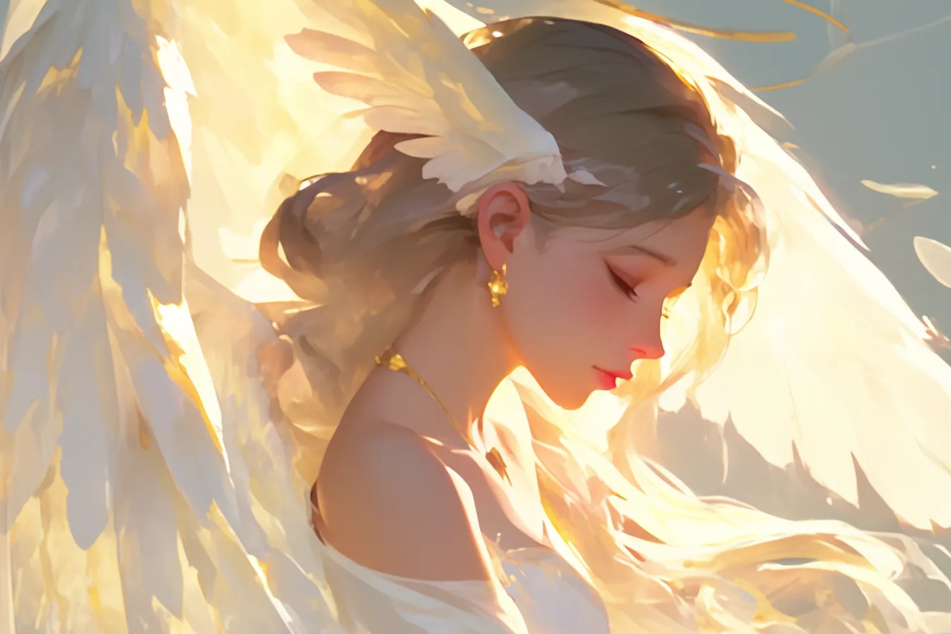 光に包まれた女性天使の絵｜柔らかな光を浴びる女性天使の絵は、繊細な表情と優雅な羽が印象的です。優美な雰囲気を演出でき、広告や雑誌表紙に適したビジネス写真素材です。