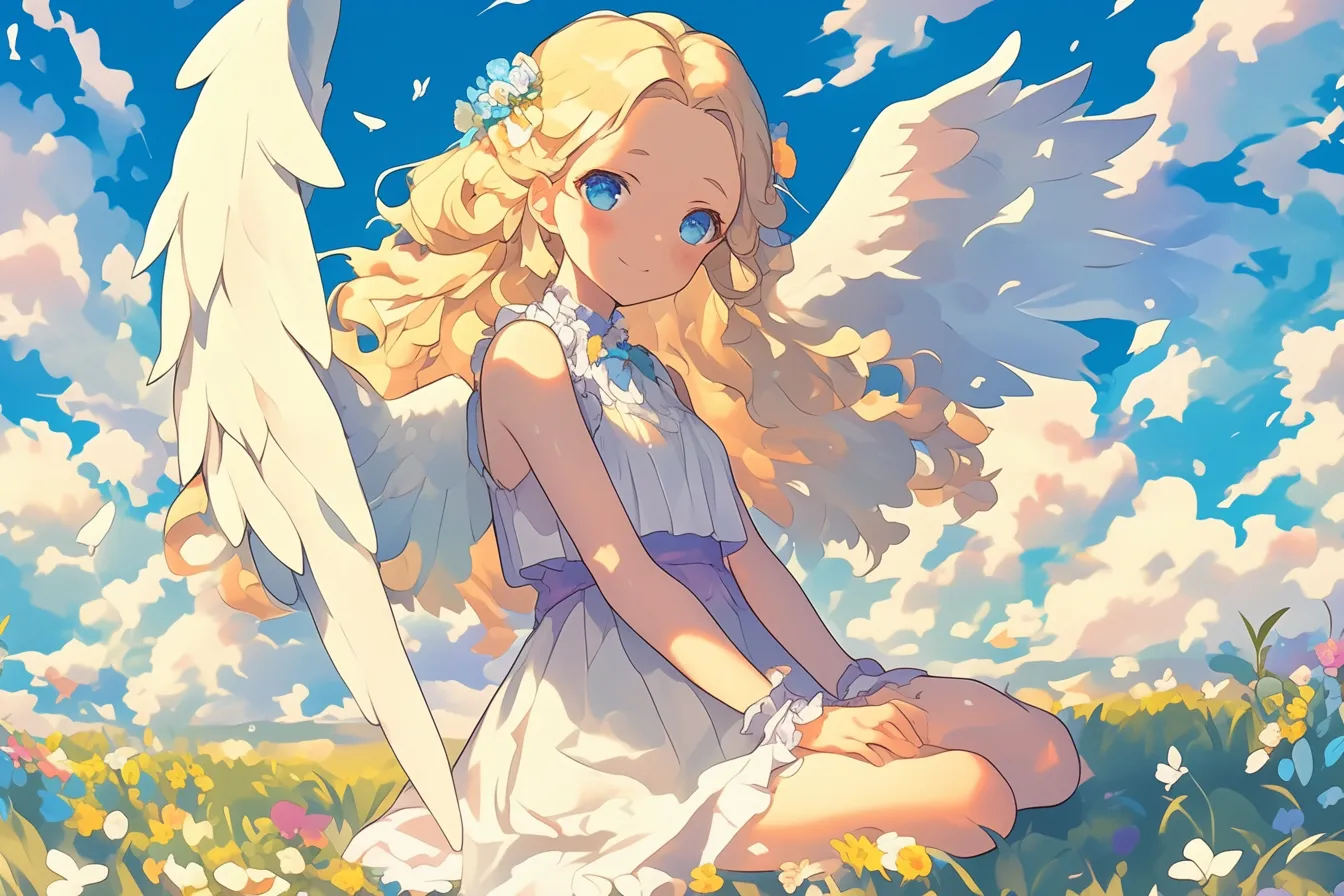 花畑に微笑む天使の絵｜花畑に座る天使の絵は、可憐さと柔らかさを表現しています。明るく爽やかな雰囲気があり、子ども向けや癒し系コンテンツに最適なビジネス写真素材です。