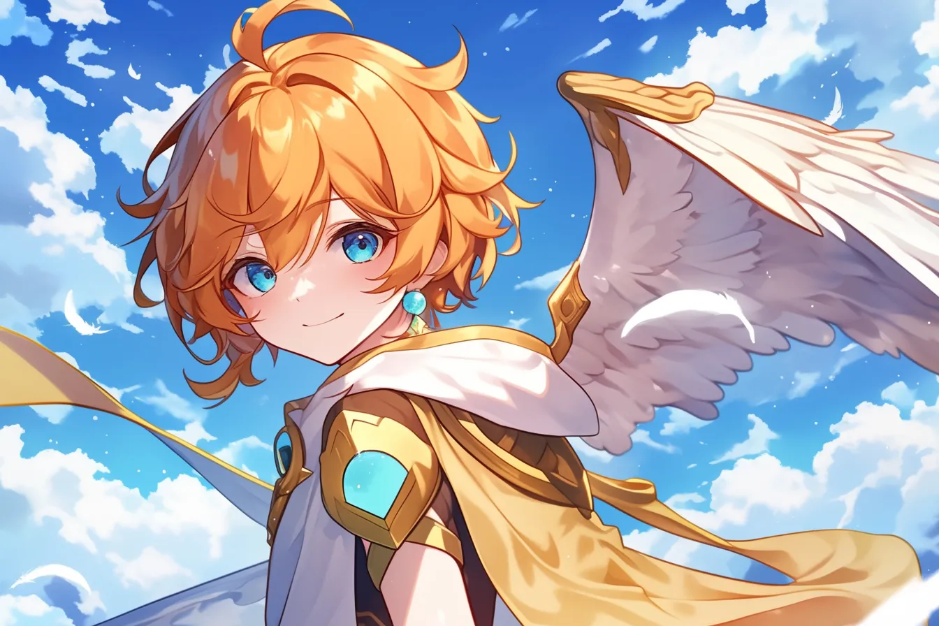 青空を翔ける天使の絵｜澄んだ青空を背景に描かれた天使の絵は、活発で明るい雰囲気が際立ちます。元気なイメージを伝える広告やプロモーションに役立つビジネス写真素材です。
