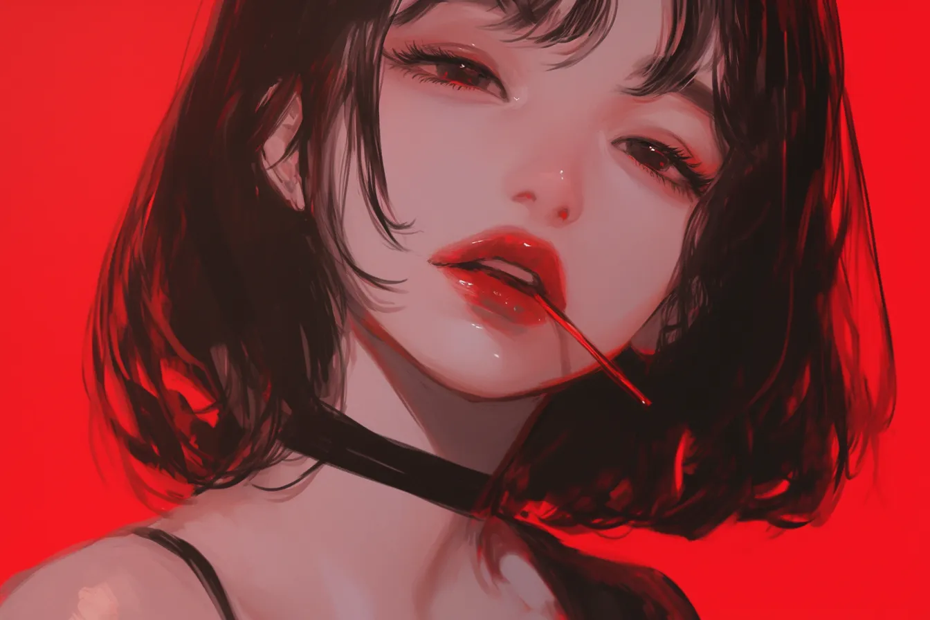 艶やかに描かれた赤い口の絵｜強い赤背景と艶やかな描写が際立つ口の絵です。セクシーで力強い印象を持ち、ビューティーブランドやイベント広告に効果的です。