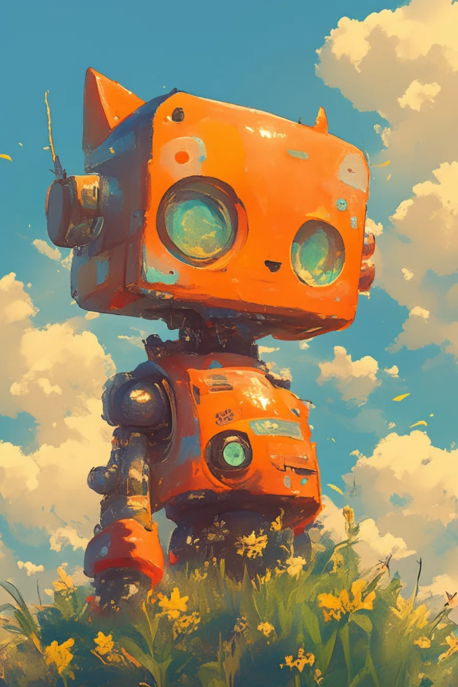 草原に立つ赤い猫型ロボットの絵｜赤い猫型ロボットの絵は、草花に囲まれた柔らかな色彩とともに描かれています。ユニークなキャラクターデザインが特徴で、親しみやすさと未来的なイメージを併せ持つ写真素材です。
