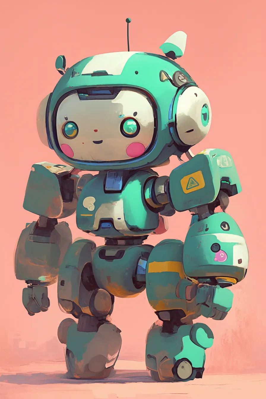 ポップな緑色ロボットの絵｜明るいピンク背景に描かれた緑色のロボットの絵は、丸みのあるデザインと可愛らしい表情が目を引きます。商品パッケージやポスターなどに適した、遊び心あふれるビジネス写真素材です。