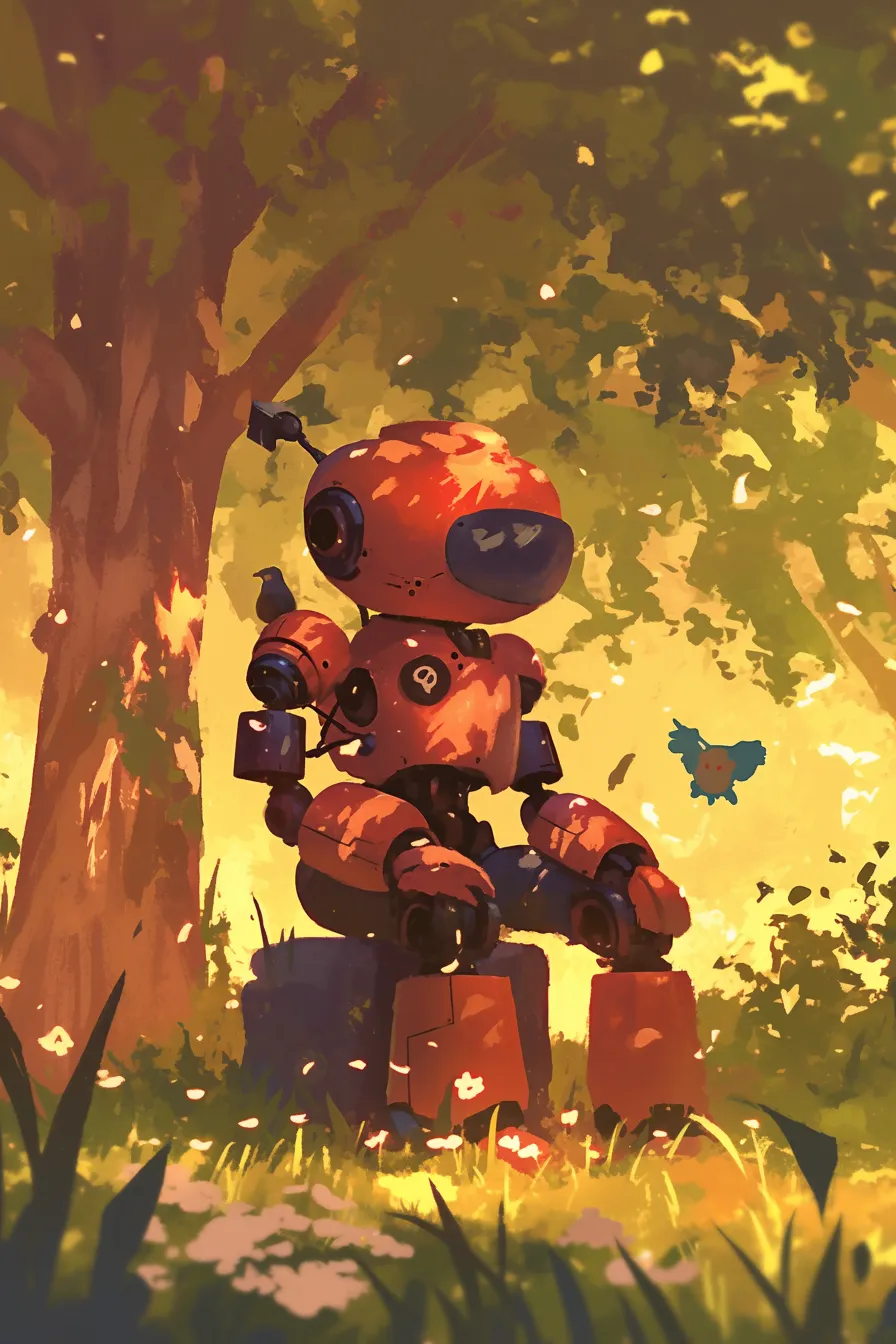 森の中で休む赤いロボットの絵｜木漏れ日の森で佇む赤いロボットの絵は、静けさと温かさを感じさせます。自然と機械の対比が印象的で、広告や挿絵に使いやすい感性豊かなビジネス写真素材です。