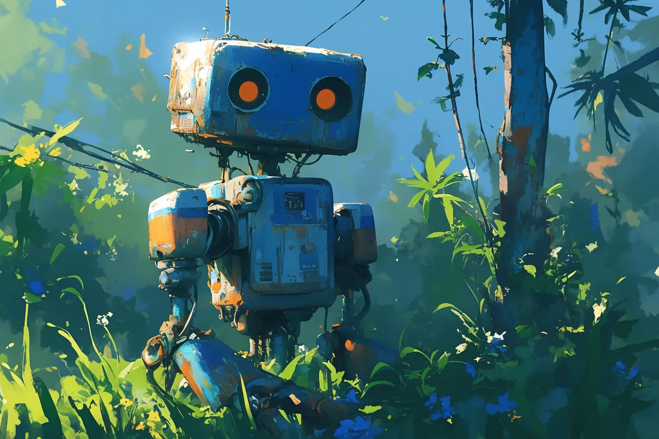 青いロボットの絵と緑の草原｜青いロボットの絵が緑の中に配置され、自然と調和する姿が描かれています。柔らかな光と影のコントラストが心地よく、未来感を演出するビジネス写真素材として活用可能です。