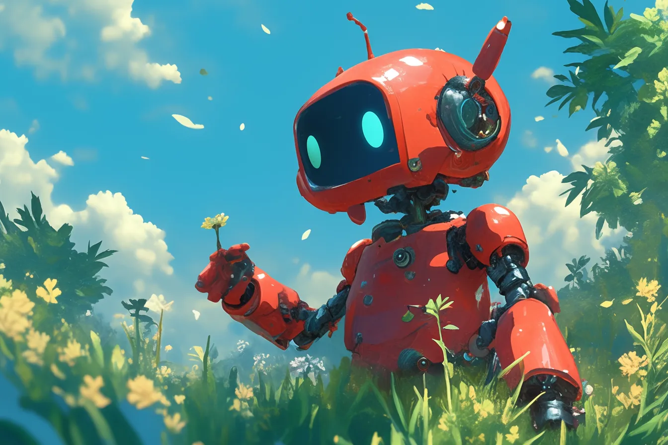 花を持つ赤いロボットの絵｜赤いロボットの絵が小さな花を手にする様子は、ユーモラスで温かみを感じさせます。自然とテクノロジーを融合させた世界観が独特で、ビジネスや広告のシーンに活かせる素材です。