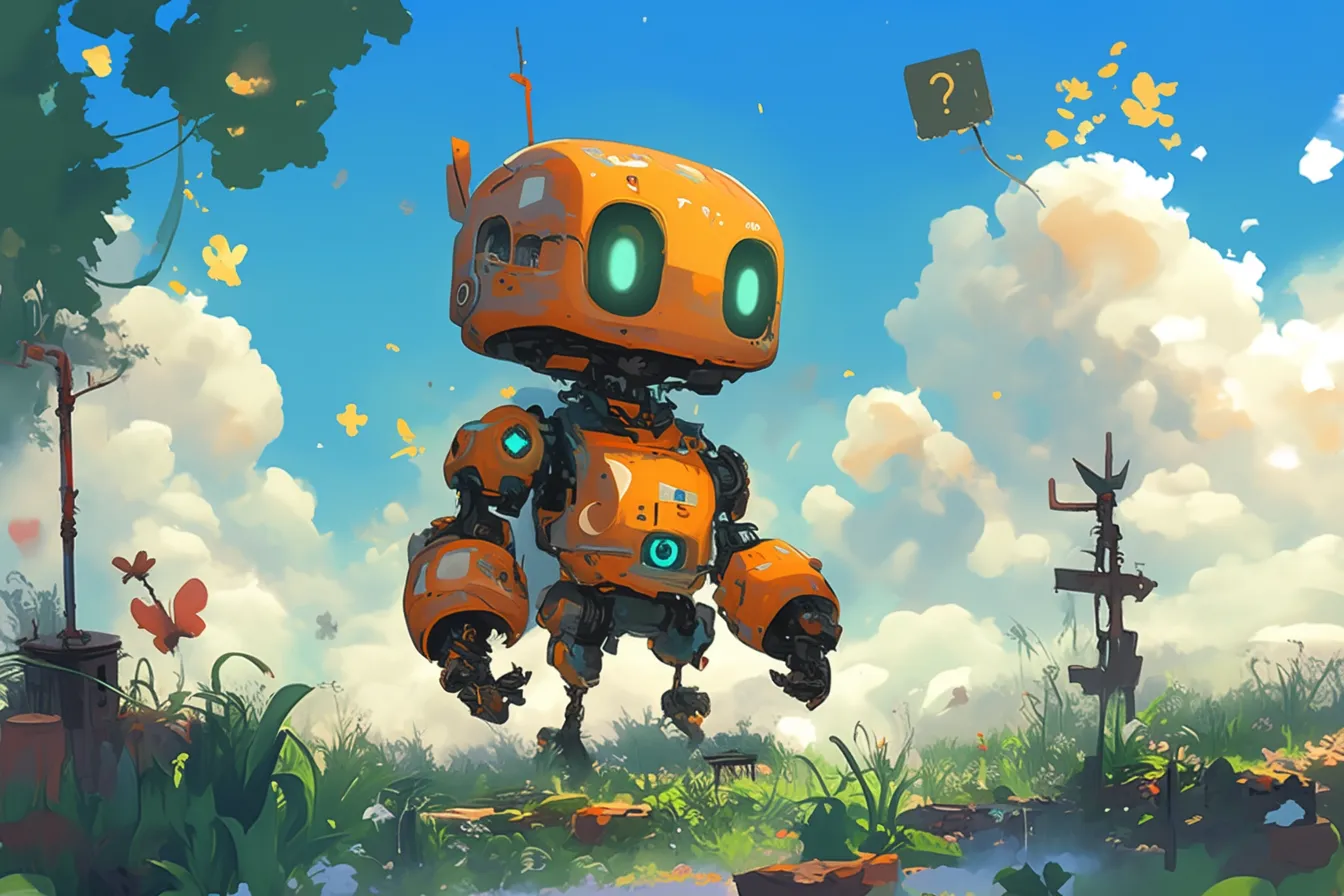 浮かぶオレンジ色ロボットの絵｜オレンジ色のロボットの絵は、草原の中で浮遊する姿が未来的に描かれています。鮮やかな配色とコミカルな雰囲気が調和し、クリエイティブな表現に適したビジネス写真素材です。