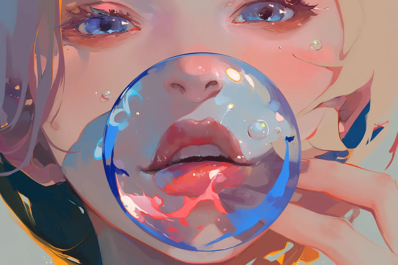 幻想的なガラス表現の口の絵｜透明感のある球体と共に描かれた幻想的な口の絵です。アート性が高く、クリエイティブなプロモーションやデザインに適した素材です。
