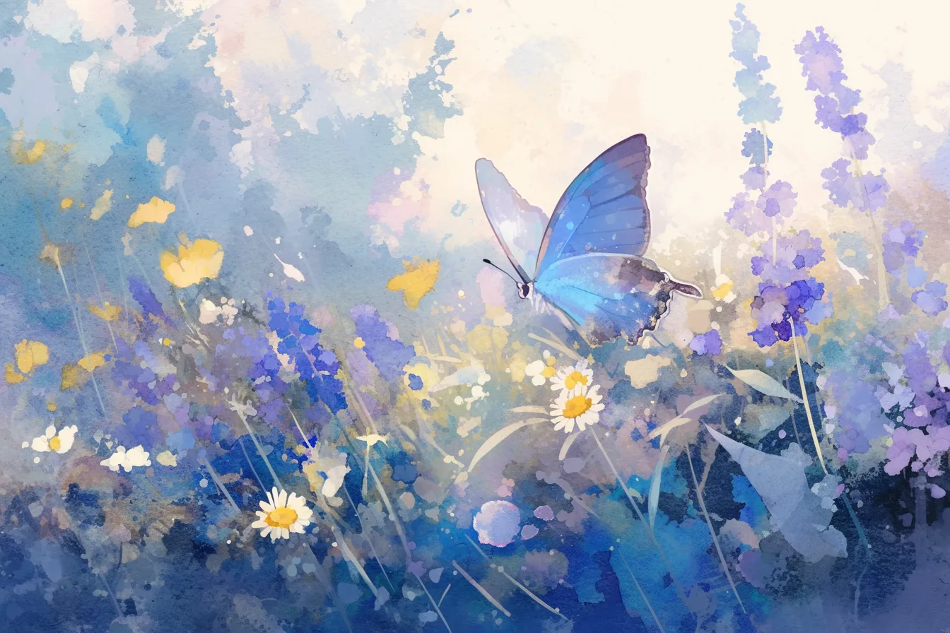 青い蝶々と野花の絵｜青を基調とした水彩画風の蝶々が花畑を舞う爽やかな表現。透明感のあるタッチで自然や癒しを連想させ、季節感を演出するデザインに活用できるビジネス向けの蝶々の絵です。