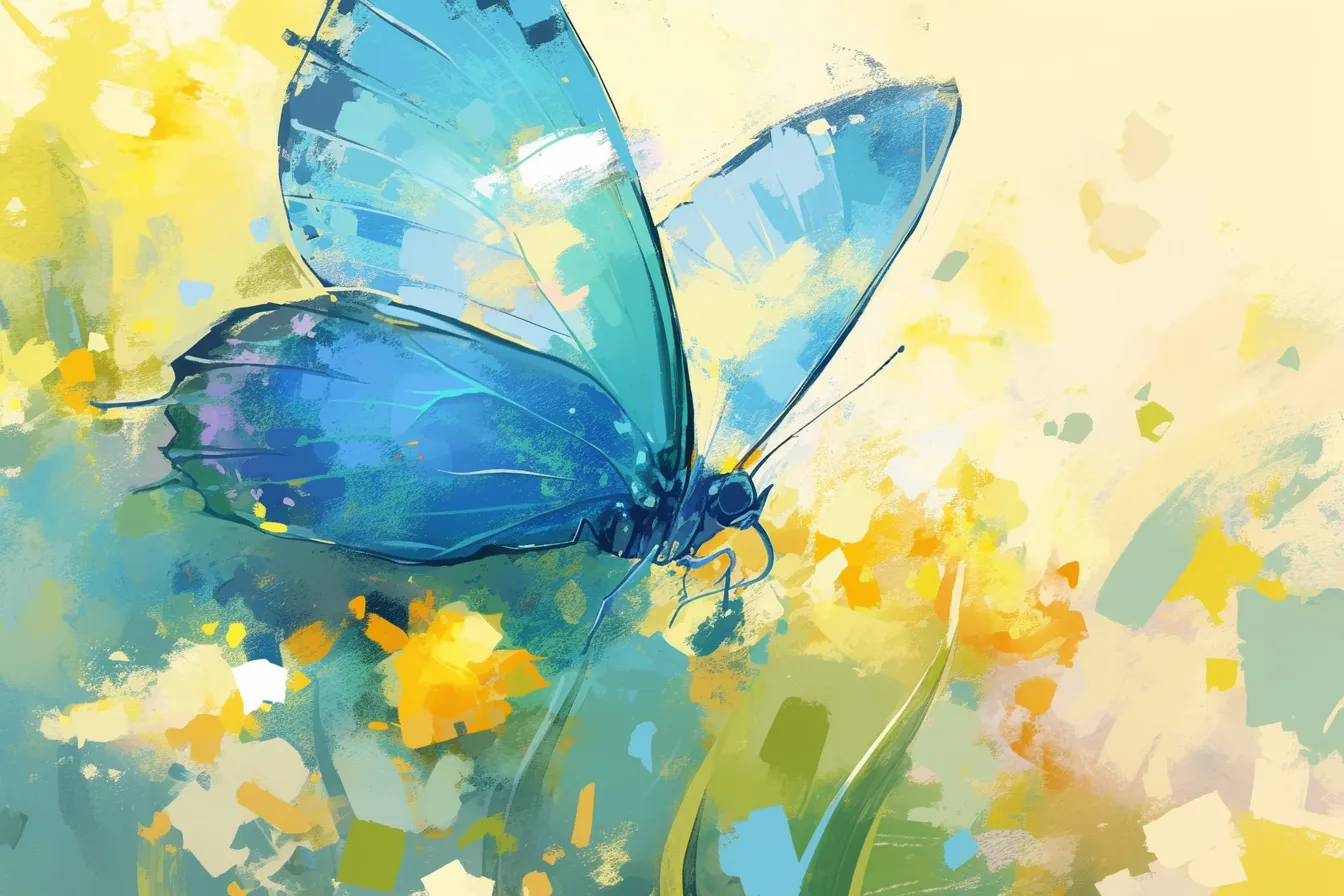 光に透ける青い蝶々の絵｜黄色と青の背景に大きく羽ばたく青い蝶々をラフな筆致で描いた作品。抽象的な色彩の広がりが自由さを表現し、ポスターやデザイン演出に適した印象的な蝶々の絵です。