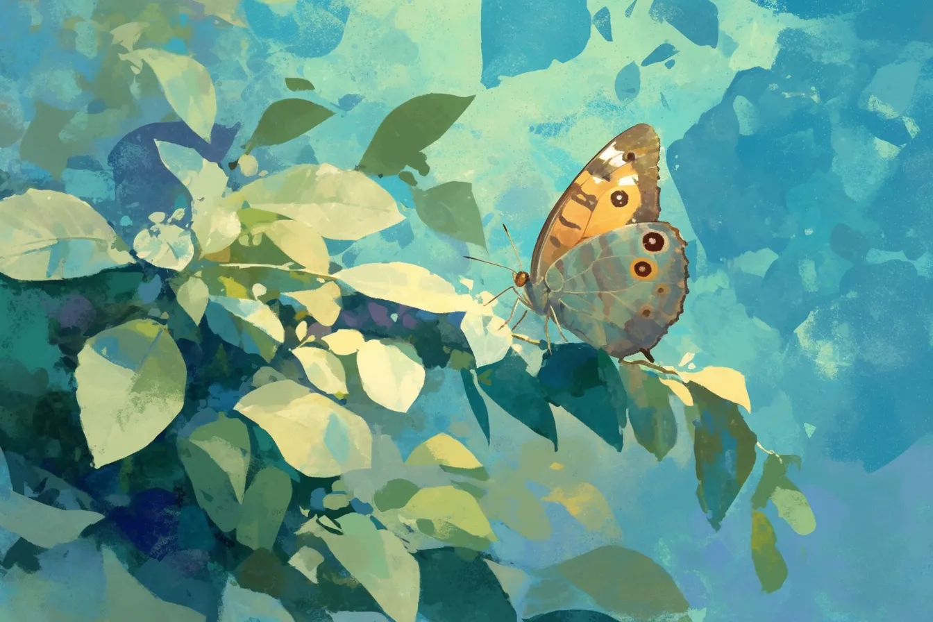 葉にとまる蝶々の絵｜緑の葉に静かにとまる蝶々を落ち着いたタッチで描いたイラスト。自然観察やエコ関連の素材に活用しやすく、やさしい雰囲気がブランドイメージを柔らかく見せる蝶々の絵です。
