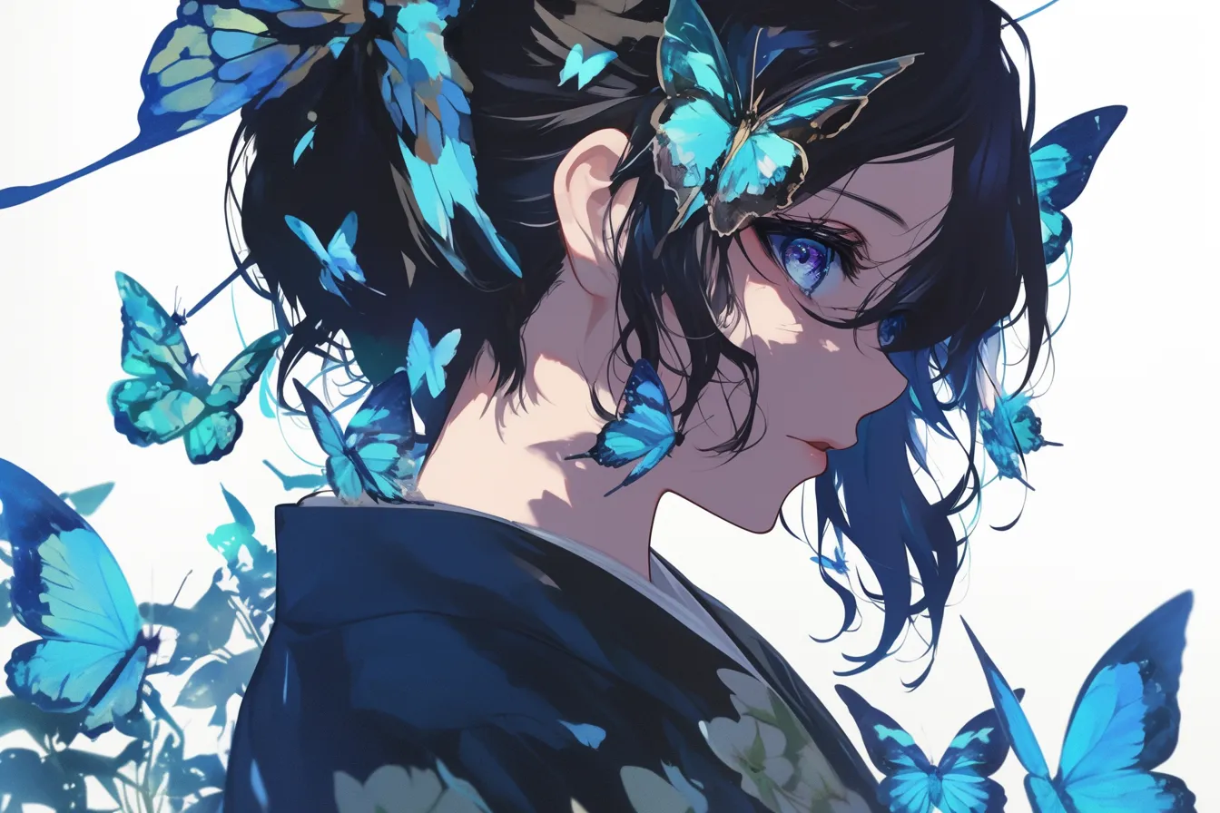 女性と青い蝶々の絵｜女性の横顔に舞い散る青い蝶々をアニメ調で描いたスタイル。幻想的かつモダンな雰囲気を演出し、広告ビジュアルやファッション関連素材に映える洗練された蝶々の絵です。