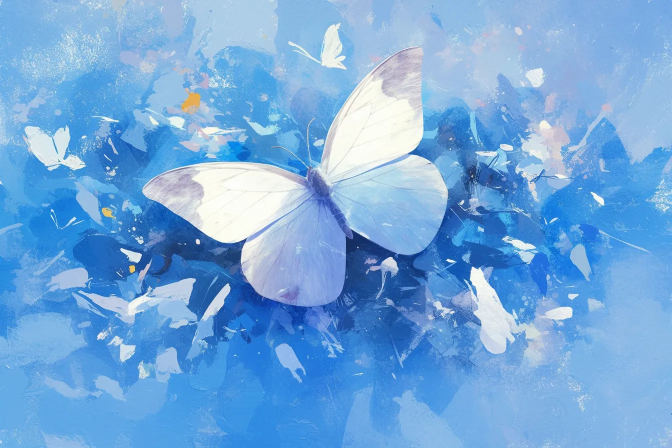 幻想的な青い蝶々の絵｜一匹の白く青い蝶々が舞う抽象的な水彩タッチの作品。爽やかで軽やかな印象があり、プレゼン資料や装飾的なビジネスデザインに幅広く利用できる蝶々の絵です。