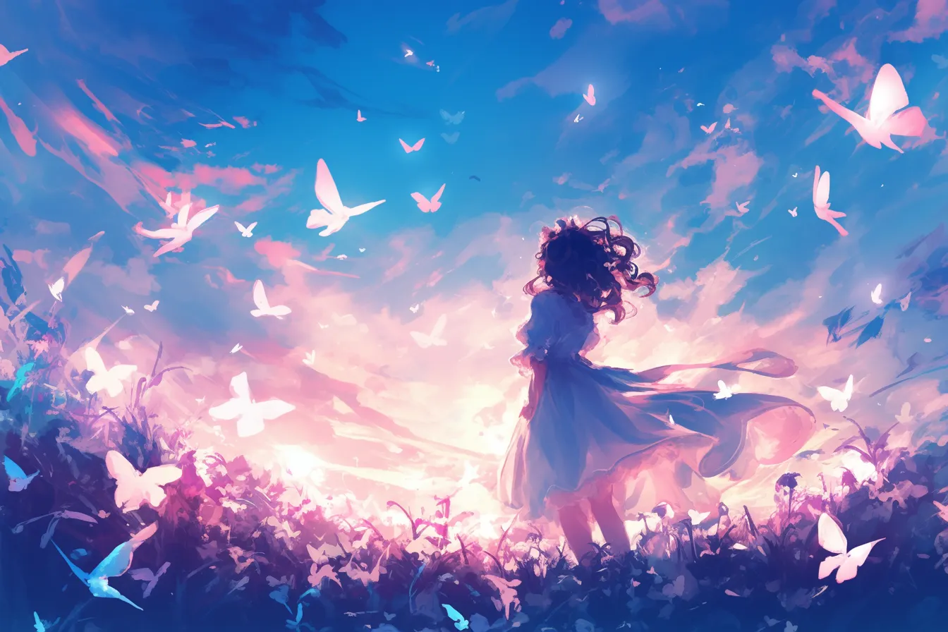 夕暮れと少女と蝶々の絵｜夕焼けの空を背景に少女と群れ飛ぶ蝶々を描いた幻想的なシーン。壮大でドラマチックな雰囲気が広告やポスターに映え、印象を強める蝶々の絵です。