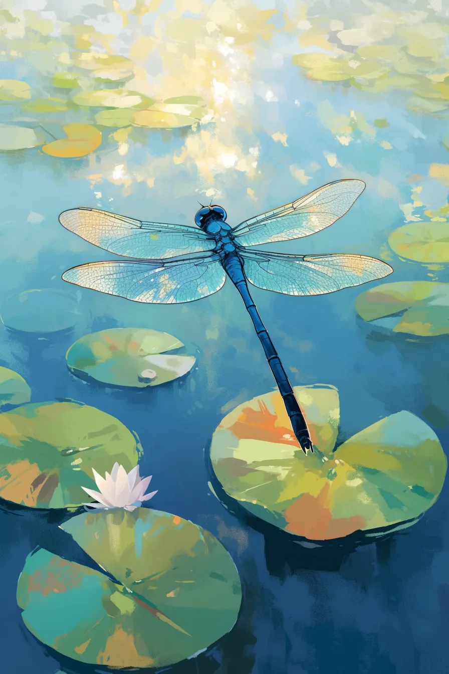 水辺に舞う青いトンボの絵｜透明感あふれる水面に浮かぶ睡蓮と青い羽根の対比が印象的な構図です。ビジネス写真素材として、自然や癒やしを表現するデザインや広告に幅広く利用できるトンボの絵です。