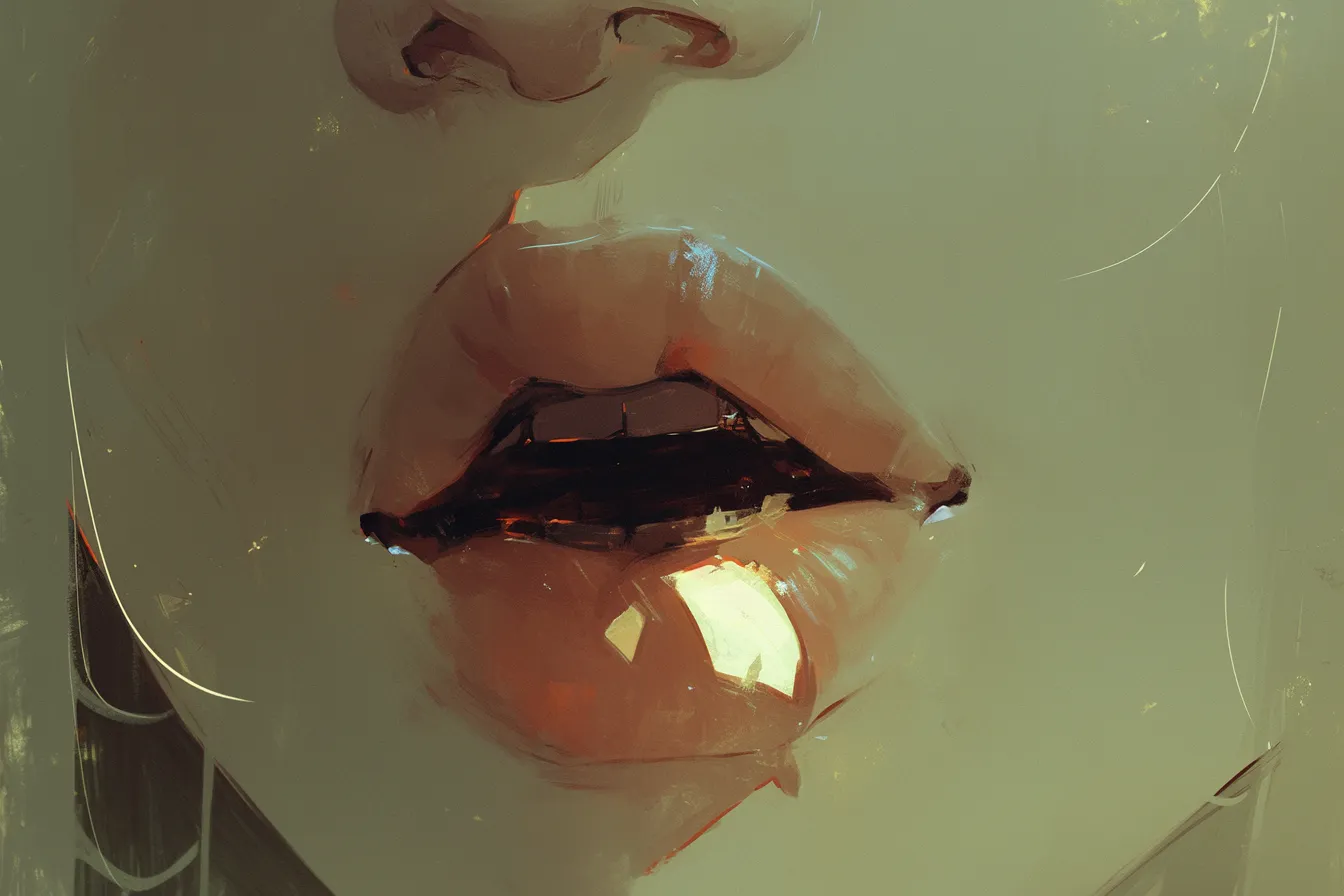 ダークトーンで表現された口の絵｜落ち着いた色味とシンプルな筆致で描かれた口の絵です。重厚感とミステリアスな雰囲気を持ち、アート系やコンセプト重視の広告に活用できます。