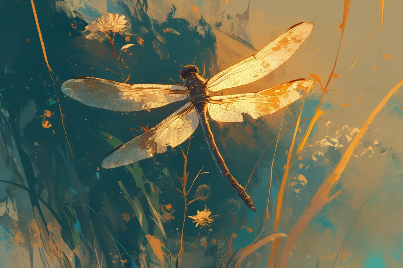 夕暮れの草原に輝くトンボの絵｜逆光に透ける羽根が黄金色に輝き、幻想的な草原の雰囲気を強調しています。アート性の高いビジネス写真素材として、自然や時間の移ろいを伝える場面に適したトンボの絵です。