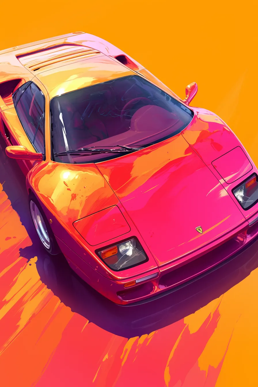 鮮やかなオレンジ背景の車の絵｜ビビッドな配色と光沢感あるボディがポップアート的に映える構成です。ビジネス写真素材として、広告や雑誌の表紙など印象を重視する場面で活用できる車の絵です。